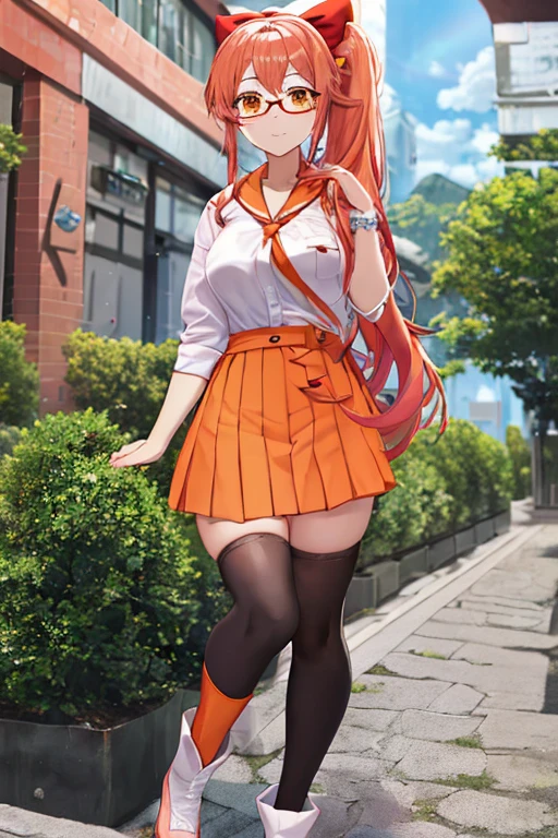 A girl with long pink hair, a side ponytail, orange eyes, big breasts, wearing casual clothes, including a white shirt, a red skirt, a hair bow, white-framed glasses, an orange scarf, wearing black thighhighs and black boots, with a bag. (best quality, detailed clothes, detailed hair, full body)