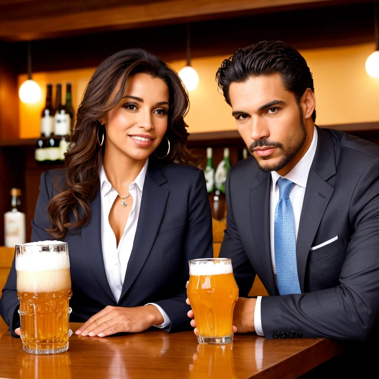 hay una mujer bonita de piel morena, tomando una cerveza en un bar, She is accompanied by a handsome athletic executive man in a suit and tie., they are sitting at the same table.