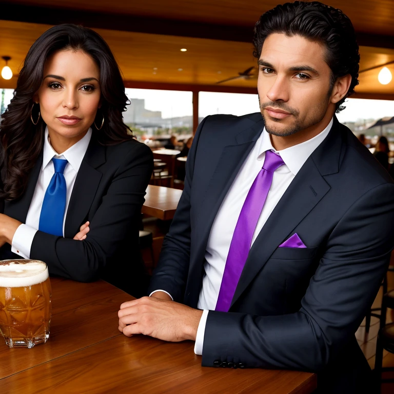 hay una mujer bonita de piel morena, tomando una cerveza en un bar, She is accompanied by a handsome athletic executive man in a suit and tie., they are sitting at the same table.