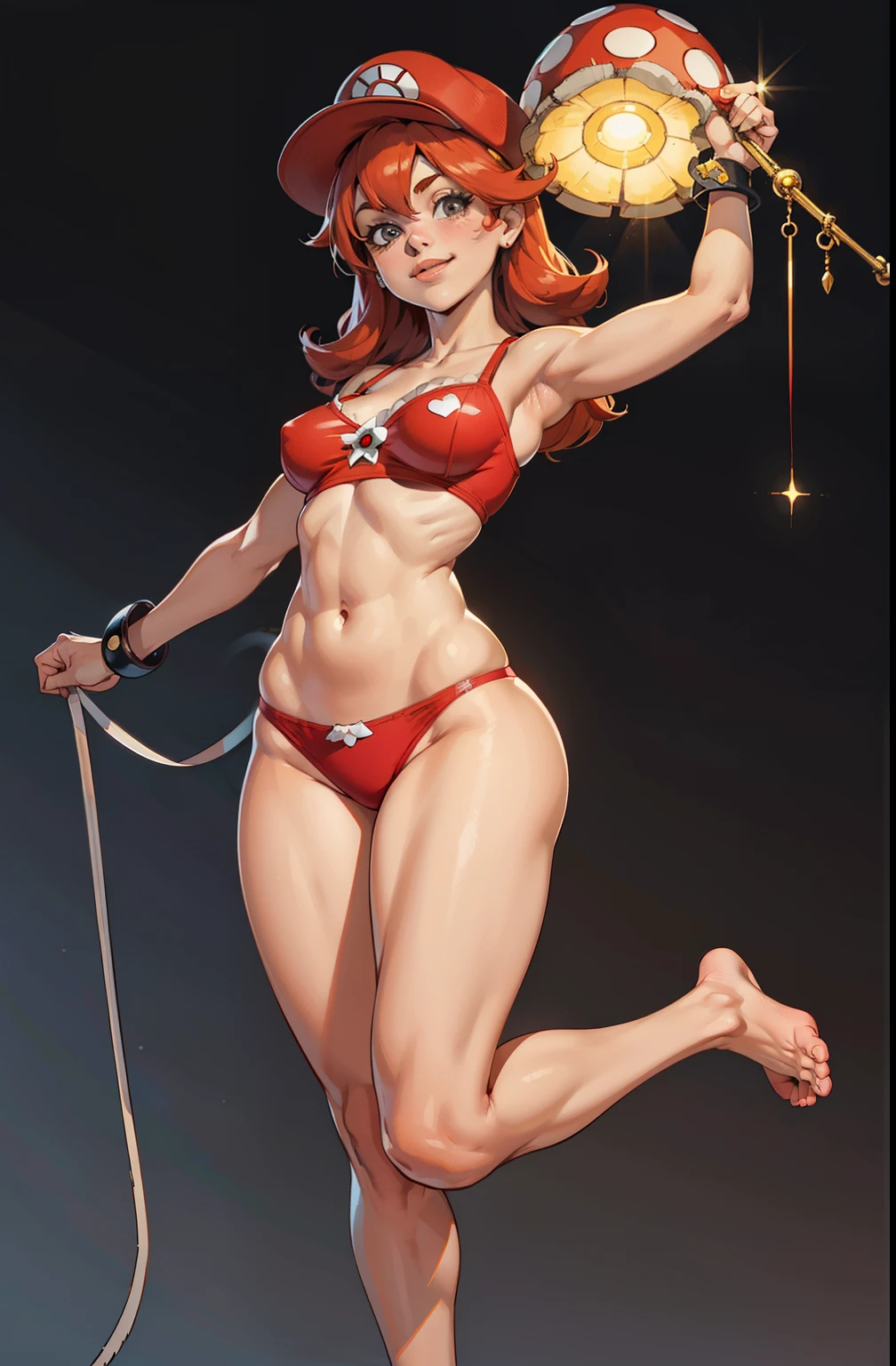 one tiny redhead girl, stand up holding a big mario mushroom , mushroom hat, maquiagem, covering her breasts, Lips are soft or colored, ruiva, cabelo ruivo, pijama de cogumelos, super mario toad small panties, fundo simples, sexy, erotic, mushoom, stand up, postura ereta, provocante, happy facial expression, simple lighting and texture, begie background, feet, pernas juntas, feliz