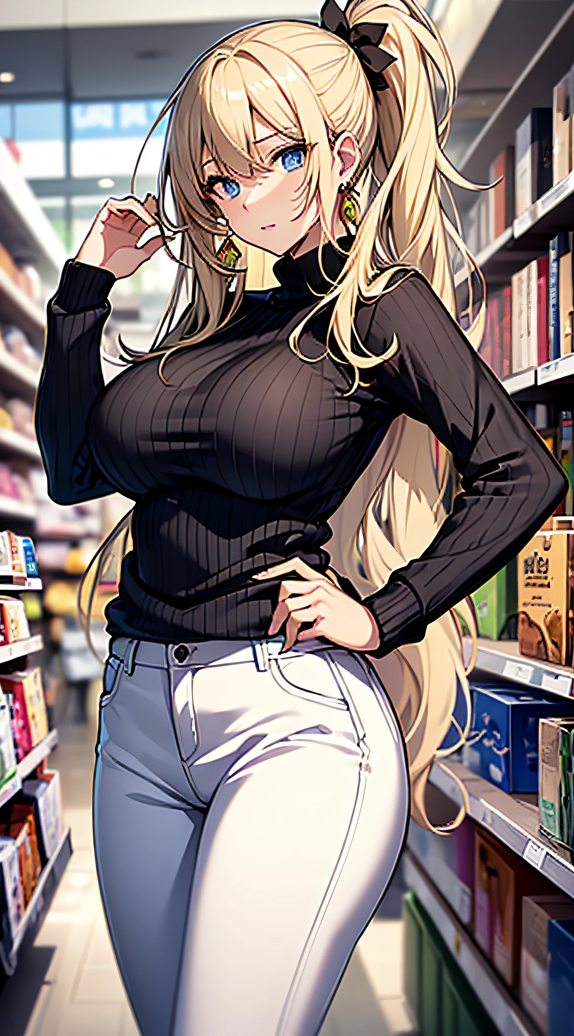 top-quality、Top image quality、masterpiece、girl with((18year old、Best Bust、big bast,Beautiful blue eyes、Breasts wide open, Blonde ponytail、A slender,Large valleys、Black sweater、White pants、point to the shelf、Ruby Earrings、View product shelf))hiquality、Beautiful Art、Background with((Large shopping malls)))、,masutepiece、visualart、depth of fields、