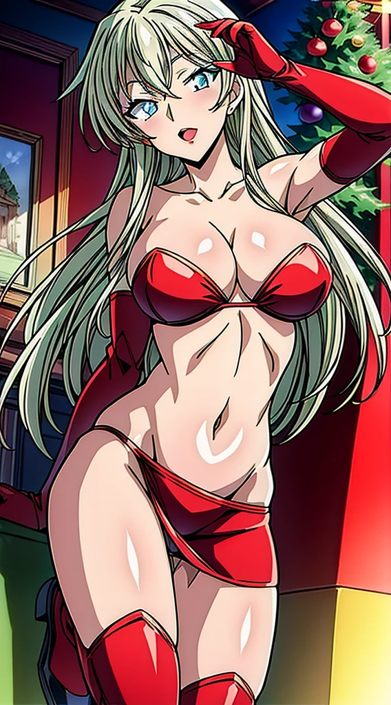 masterpiece, best quality, 1 solo girl, platinum hair, blue eyes, long hair, wavy hair, Christmas ornaments, medium breasts, mature body and face, red santa dress, christmas, christmas light, christmas tree, red gloves, red santa skirt, holding gift, red bra, red panty, leg up, cowboy shots, sexy pose, dakimakura, detailed body, face, and eyes, sharp focus, vibrant, creative, dynamic, high definition, high resolution, 8k, (Upscale: R-ESRGAN 4x+ Anime6B), (Image enchance:4x), voluptuous body