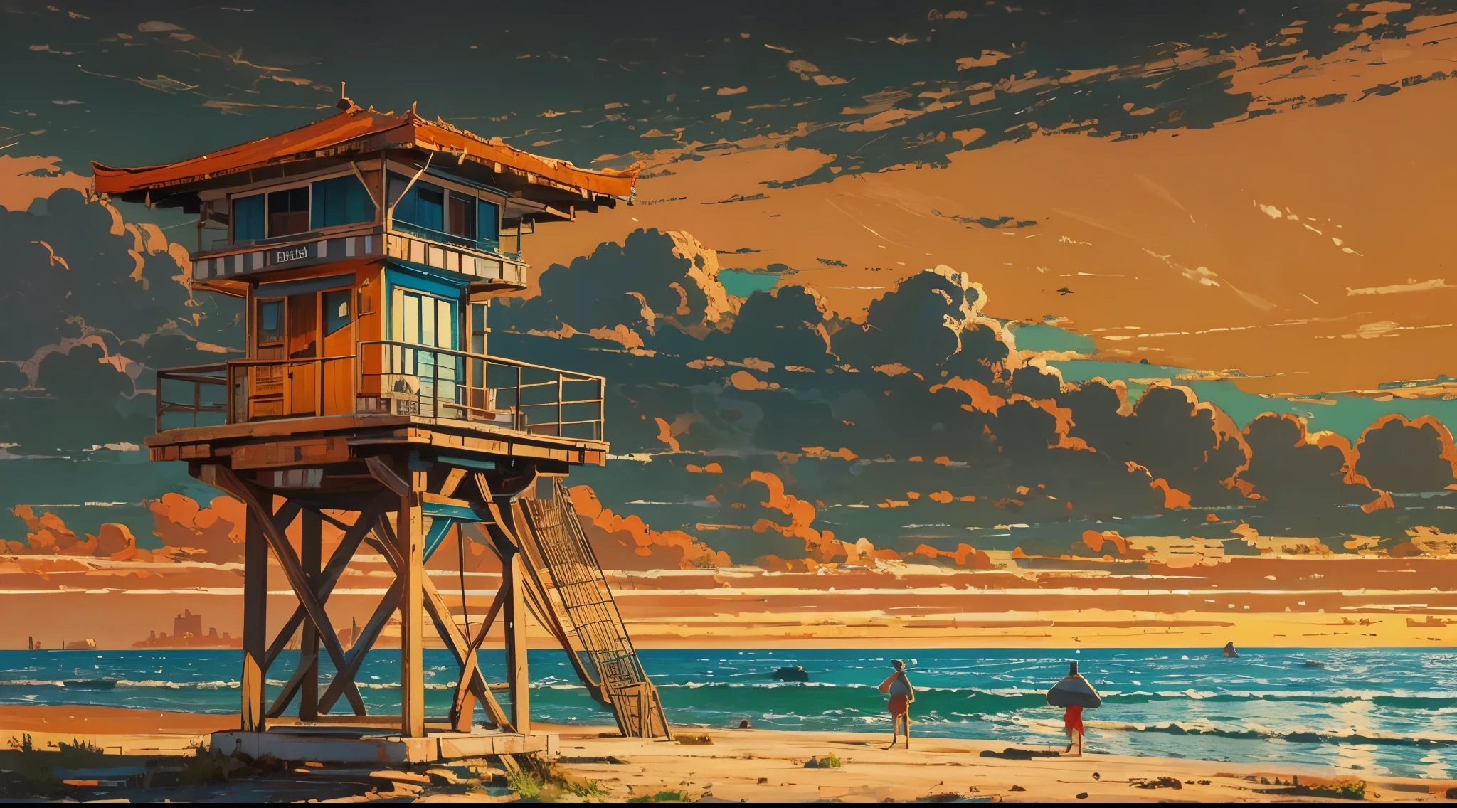 masterpiece, concept art, wide shot, a painting of a lifeguard tower on a (beach:1.2), by Alena Aenami, cgsociety, american scene painting, cinemascope panorama, coloured woodcut, southern california, vice city, la, anime keyframe, art print, view(full body + zoomed out), symmetrical framing, volumetric lighting, vibrant color, (epic composition, epic proportion), HD