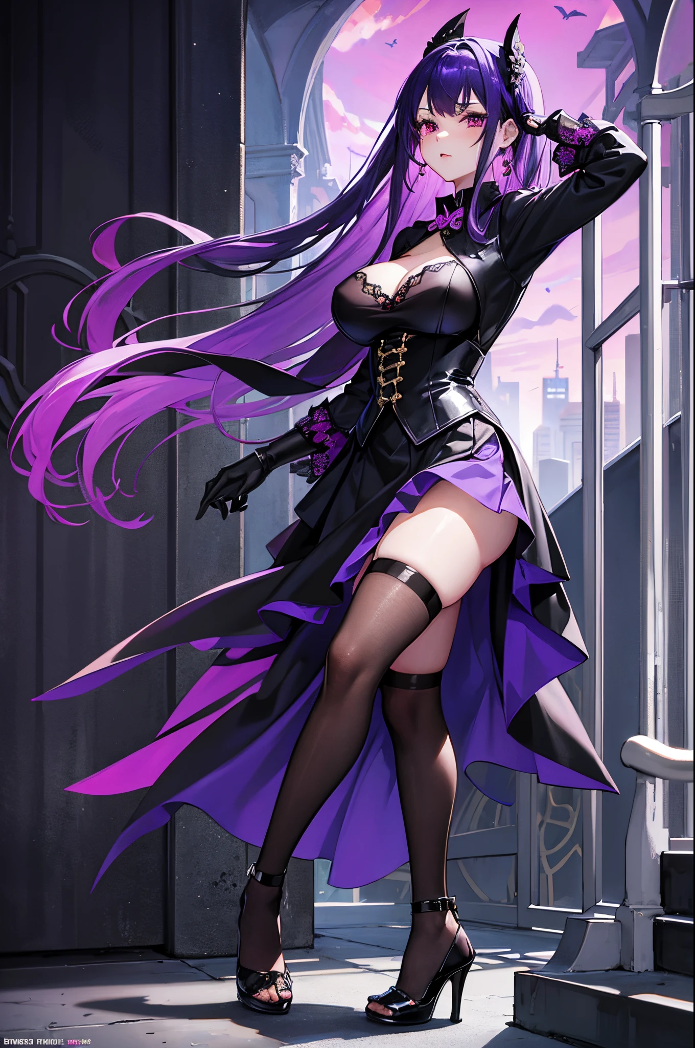 s girl,Vampires,Two-dimensional style,anime,Black lace long skirt,high-heels,Purple colored hair,solo person,huge tit