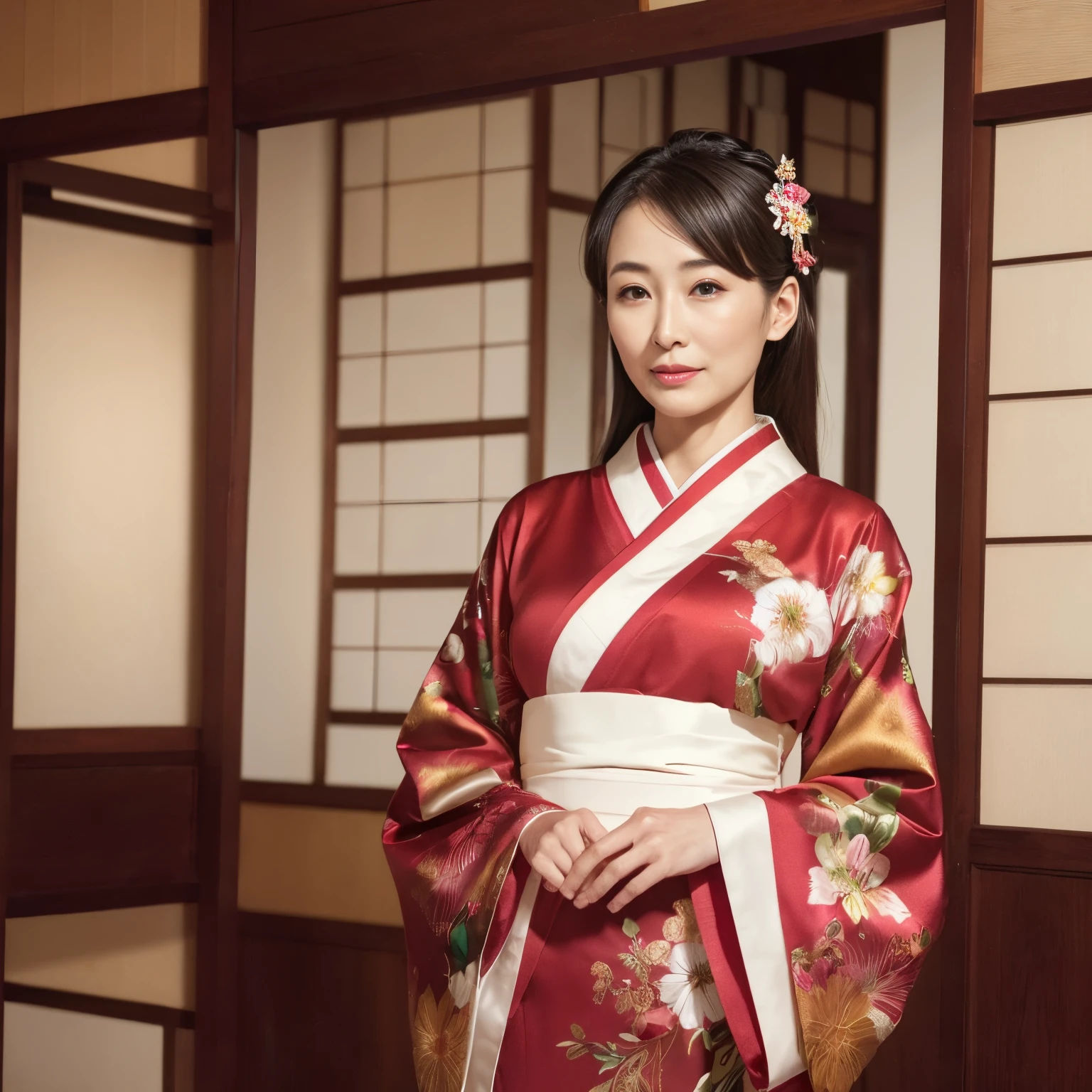 ((Best Quality, masutepiece, 超A high resolution、The most complex and detailed depictions、Highly saturated、vivid))、1人の女性、wearing a luxurious kimono、Japanese-style elegant kimono、Elegant standing figure、standing elegantly、Elegant kimono、Photographing from the waist up、((Staring at me、Perfect camera gaze))、(Sad smile、mournful)、A detailed face、perfect glossy lips、perfect anatomia、Elegantly styled hair、She is wearing an elegant hairpin.、natural make up、A detailed face、face perfect、Beautiful fair skin、perfect shiny skin and hair、The background is an elegant Japanese room、Lush hairline
