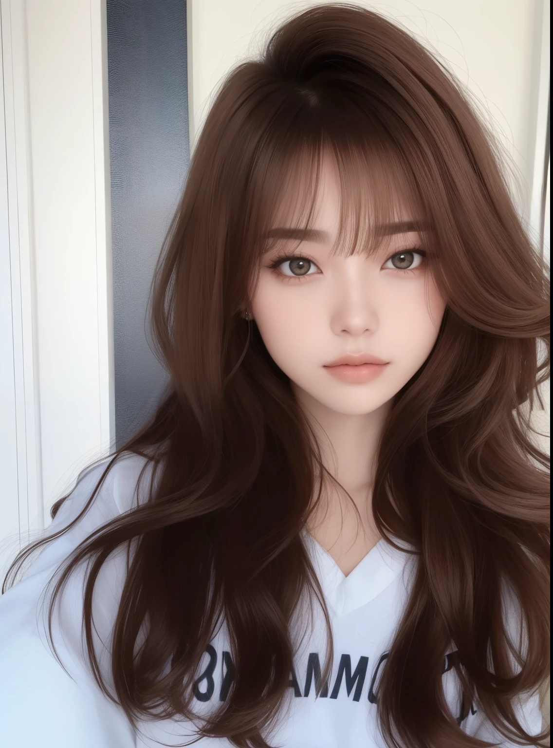 um close up de uma mulher com cabelos longos vestindo uma camisa branca, franja marrom, franja fofa, cabelo castanho com franja, cabelos castanhos e franja, cabelo longo castanho com franja, franja e cabelos ondulados, cabelo arrumado com franja, cabelos longos com franja, Lalisa Manobal, franja de cortina, com franja, Ulzzang, cabelo comprido com franja completa