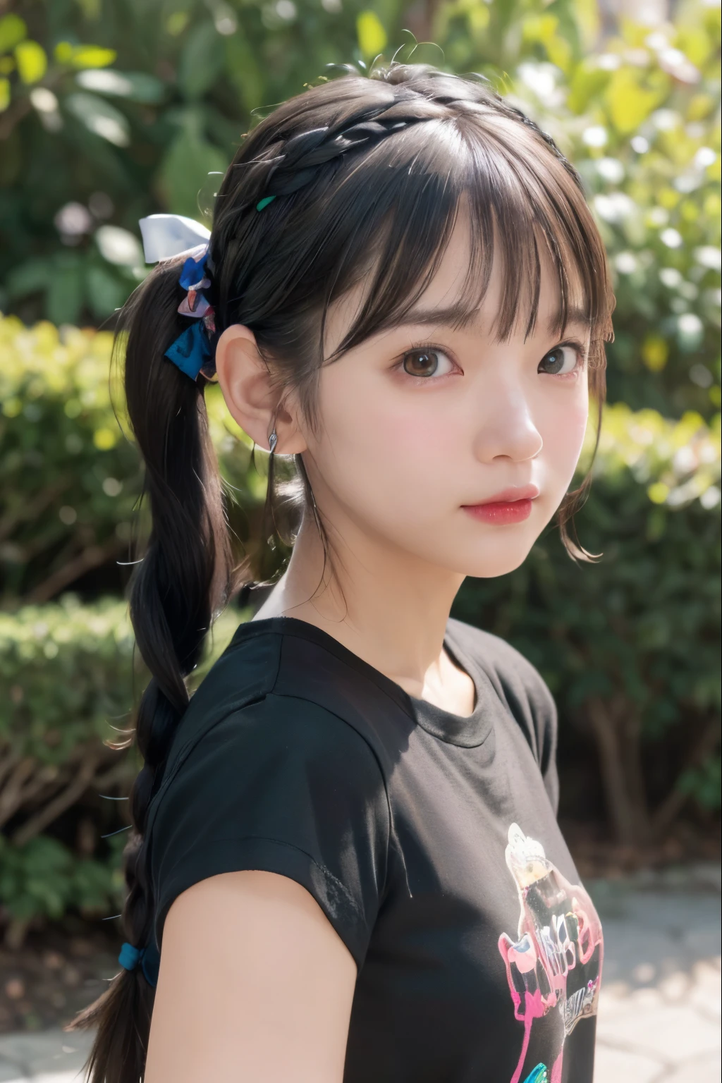 1 girl,(1 18-year-old girl),(Upper body:1.2),(medium breasts),Upper body,(Realistic:1.7),((Best Quality)),absurderes,(超A high resolution),(Photorealistic:1.6),Photorealistic,Octane Render,(hyper realisitic:1.2), (Photorealistic face:1.2), (8K), (4K), (masutepiece),(Realistic skin texture), (Illustration, Cinematic lighting,Wallpaper),( Beautiful eyes:1.2),((((Perfect face)))),(Standing),(Looking at Viewer:1.2),(Cute),(Black hair),(braided ponytails:1.1),(bow hairband),(print t-shirt:1.2),(Red lips:1.1),Outdoors,
