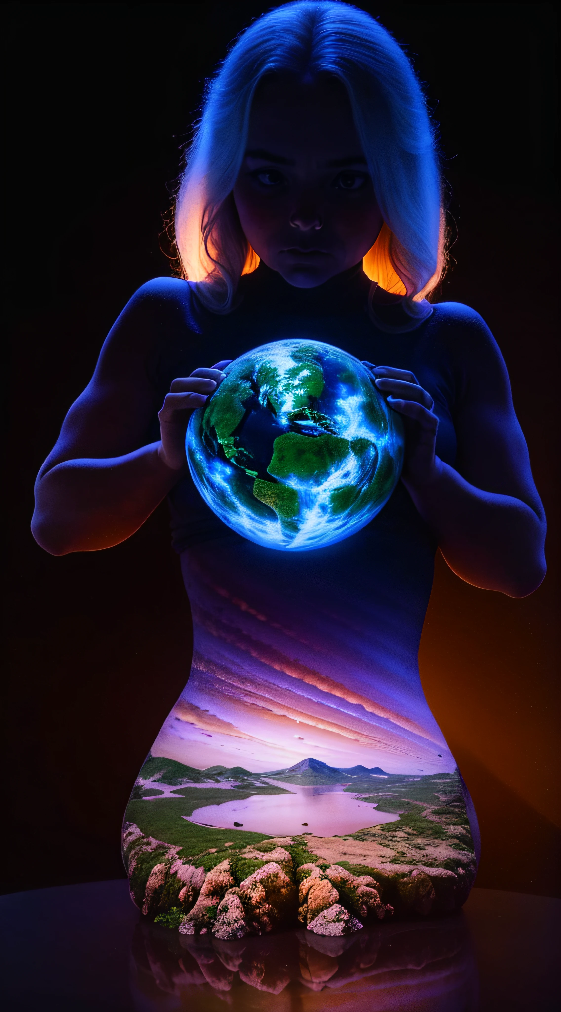 double exposure: a child and planet earth (transparency effect). seamless mixing, texture and pattern, transparency effect, dramatic shadows and lights, interlacing elements.