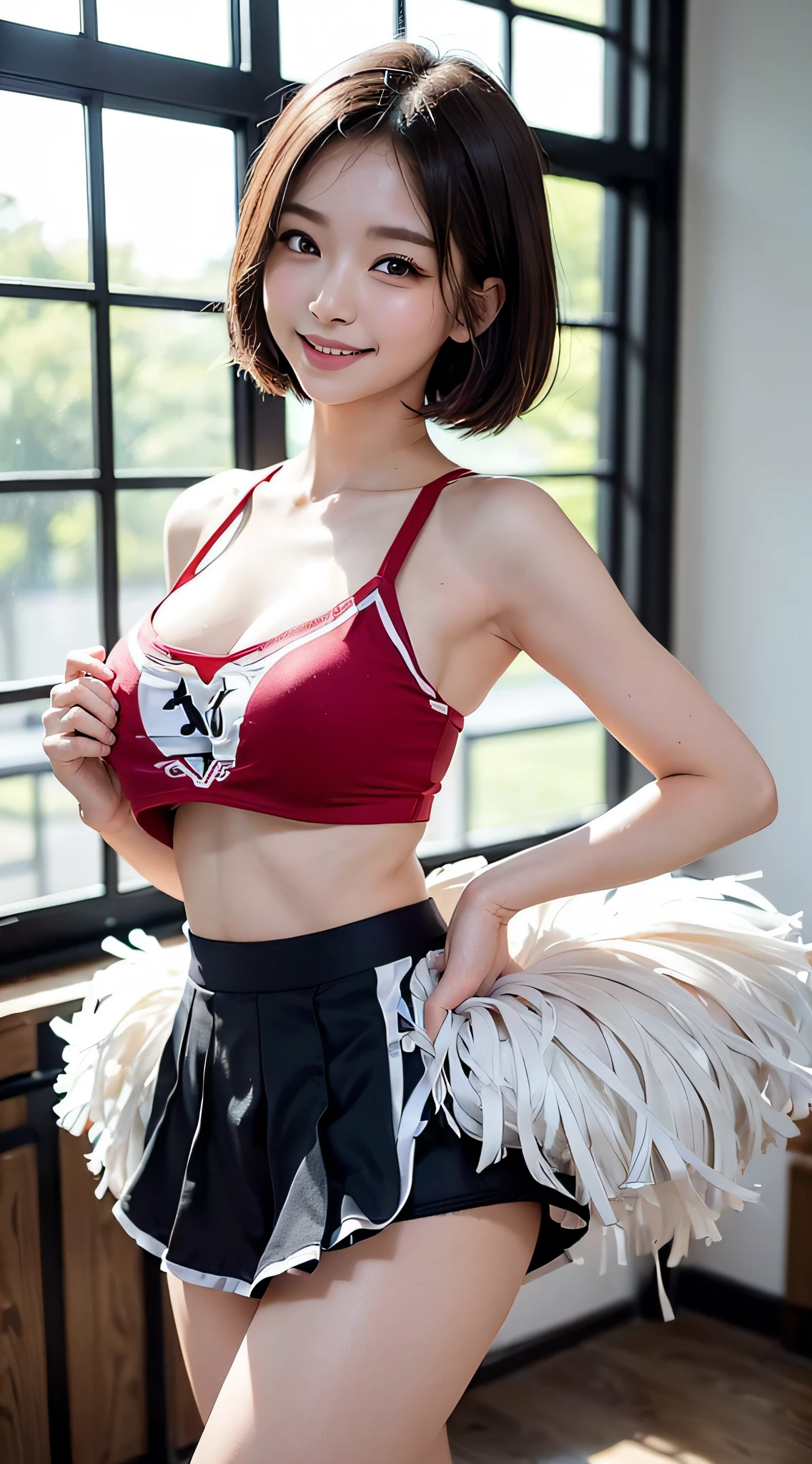 (RAW shooting:1.2)、(Photorealsitic:1.4)、(​masterpiece:1.3)、(top-quality:1.4)、japanese beautiful woman、(middlebreast:1.3)、beauty breast、(cleavage of the breast)、(erectile :1.2)、(cheer girl:1.5)、a miniskirt、beautiful eyes finely detailed、eye lashes、beautiful double eyelid、eyeshadows、Perfect eye makeup、(Smile full of happiness:1.4)、Beautiful and thin legs、Cowboy Shot、(The skirt is flipped up and the panties are visible.:1.3)、(Short Bob:1.2)、fluffy hair、stadio、Daytime、Sexy navel、Skinny Legs、tthin eyebrows、Tear bag、lofty nose、(extemely :1.2)、randome pose、bokeh dof、