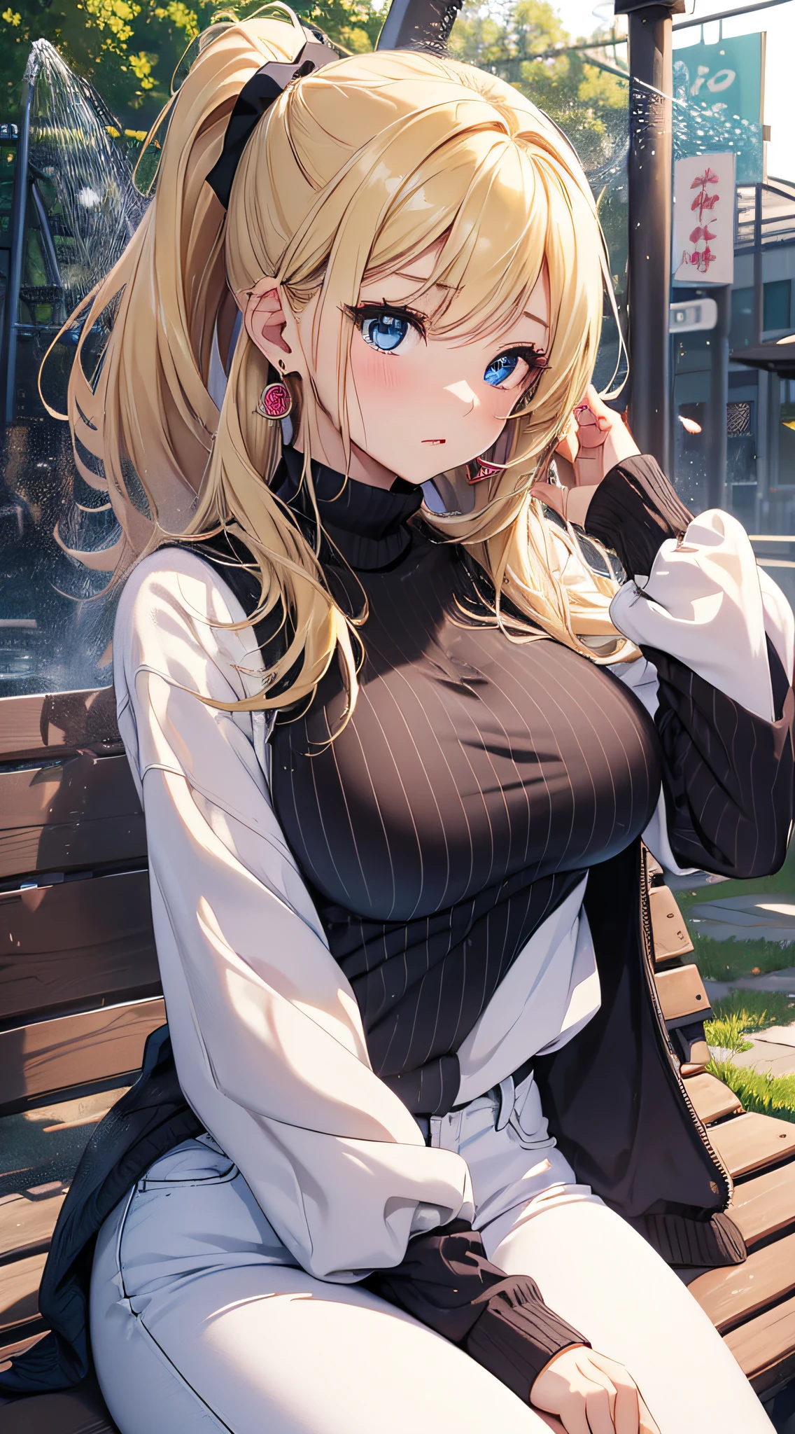 top-quality、Top image quality、masterpiece、girl with((18year old、Best Bust、big bast,Beautiful blue eyes、Breasts wide open, Blonde ponytail、A slender,Large valleys、Black sweater、White pants、Ruby Earrings、sit on a bench))hiquality、Beautiful Art、Background with((Spray Park)))、,masutepiece、visualart、depth of fields、