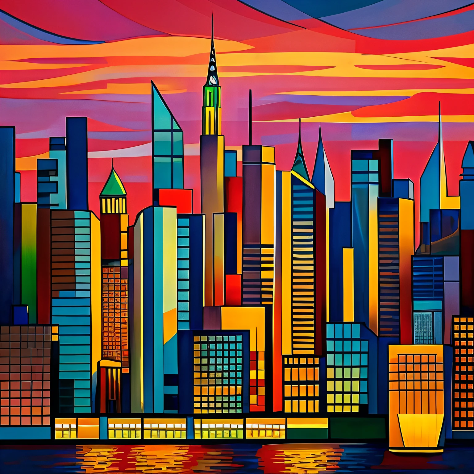 Introducing "Cubist Elegance: New York City Sunset," a breathtaking design that marries the iconic New York City skyline with the avant-garde principles of Cubism. This extraordinary fusion of urban grandeur and abstract artistry results in a visually striking masterpiece.

In "Cubist Elegance: New York City Sunset," the splendor of the Manhattan skyline takes on a whole new dimension. Through the lens of Cubism, this design explores the dynamic interplay of form, color, and space. Bold geometric shapes and fragmented perspectives reconfigure the cityscape, breathing fresh life into the familiar.

This artwork encapsulates the spirit of a vibrant metropolis while celebrating the boundless creativity of Cubism. Whether you're a lover of New York City's energy or a connoisseur of abstract art, "Cubist Elegance: New York City Sunset" promises to be a captivating addition to your space. It is a testament to the enduring allure of the city that never sleeps, reimagined through the lens of artistic innovation.