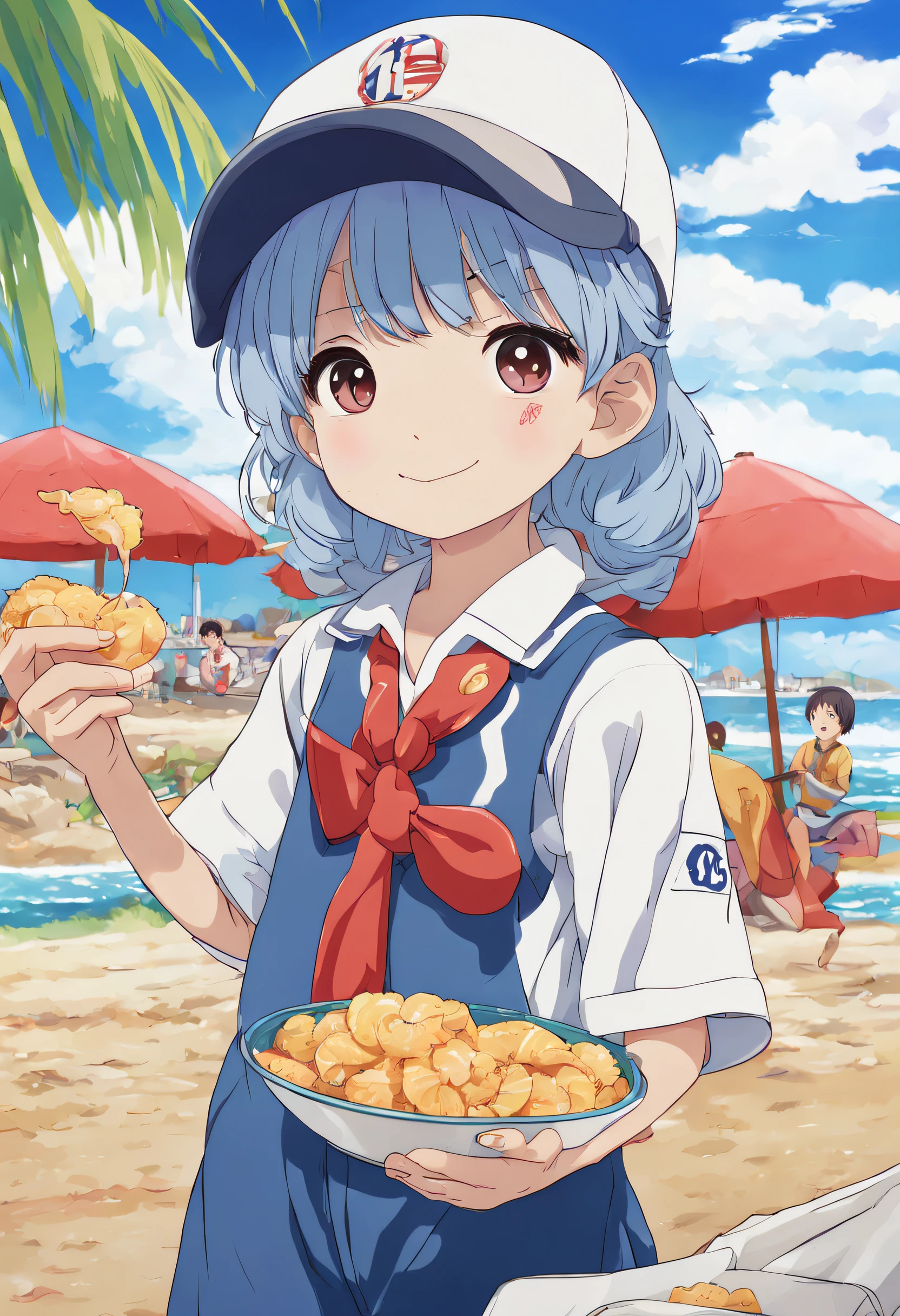 Shrimp crackers advertising,children's,sea beach,schools,nice detailed sky,tropical,curlies,Baseball uniforms,Feeding,drools,very high res,style of anime