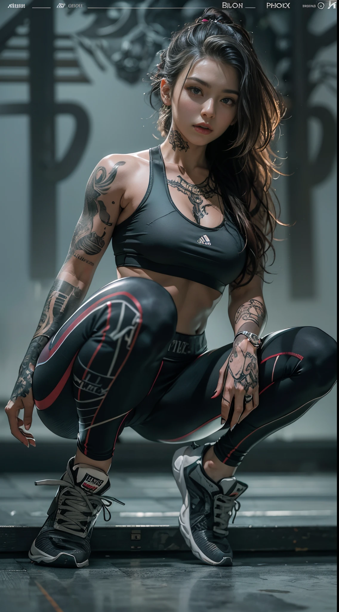 (melhor qualidade) Garota de roupas esportivas detalhadas, sitting on the gym floor, pernas abertas, wearing complex leggings and sports bra, highlighting the slight abdomen, while the chest tattoo adds a cinematic touch to the scene amidst the black tattoo, and cinematic lighting enhances the overall environment.