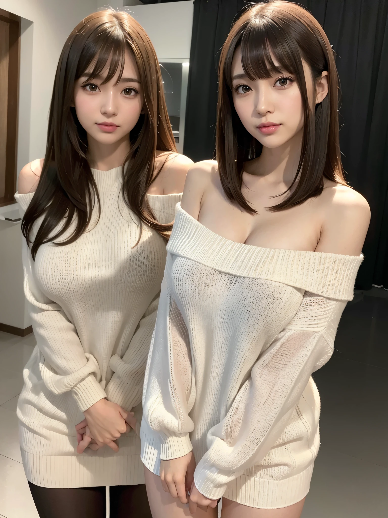 ((masutepiece)), ((Best Quality)), (Ultra-detailed), Realistic, Real, Dynamic Angle, 1 girl per 1 photo, Full body shot, Front view, a Japanese young pretty girl, Long bob hair, Glamorous figure ,large full breasts, Full smile, White off-the-shoulder sweater, Black miniskirt, hyper cute face, Glossy lips, double eyelids for both eyes, Natural makeup, shiny smooth light brown hair of a long bob hair, asymmetrical bangs, High resolution, high detailing, detailed hairstyle, Detailed face, Cinematic lighting, Octane Rendering, Hyper realistic, Perfect limbs, Perfect Anatomy