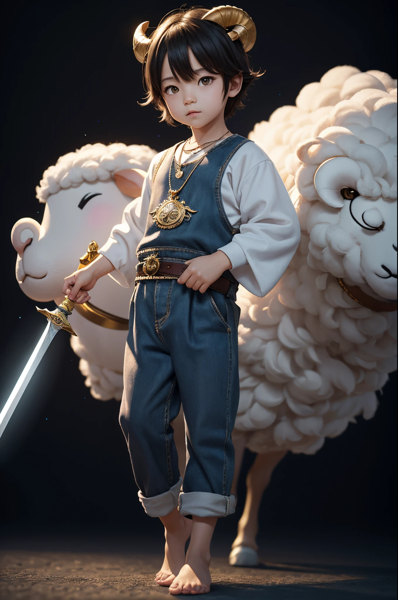8K,Male,Cute little surreal sheep with golden eyes wary necklace、Chibi、male child,Adorable and fluffy、Logo Design、comic strip、cinematic lighting effect、A charming、3D Vector Art、cute and wear pants、Fantasyart、bokeh dof、handdraw、digitial painting、Soft lighting、Isometric style、4K resolution、photo realistic render、Highly detailed clean、Vector image、A photorealistic masterpiece、professional photograpy、Simple space background、Flat white background、 isometry、vivid vector,Stand on both feet,holding swords