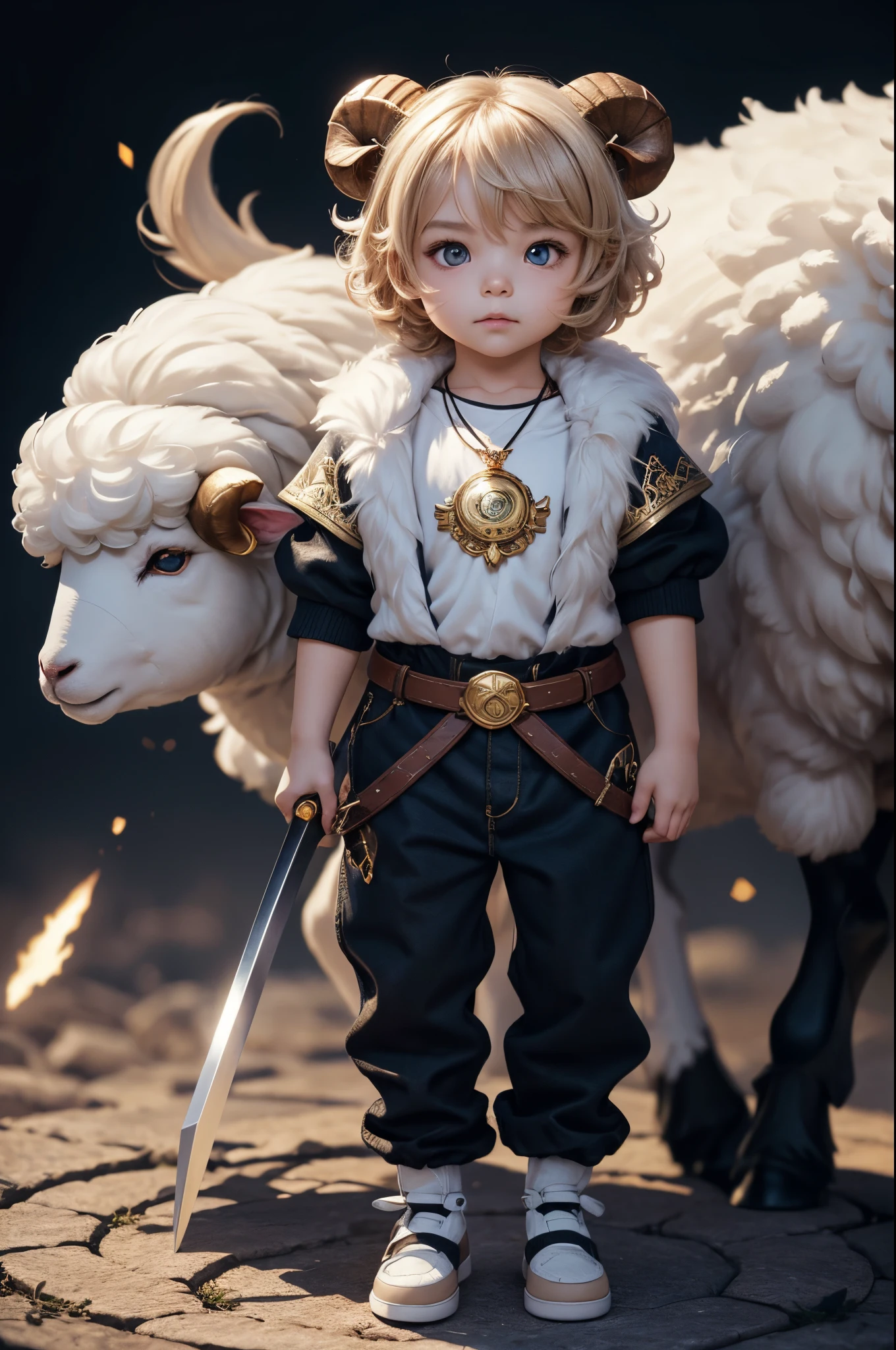 8K,Male,Cute little surreal sheep with golden eyes wary necklace、Chibi、male child,Adorable and fluffy、Logo Design、comic strip、cinematic lighting effect、A charming、3D Vector Art、cute and wear pants、Fantasyart、bokeh dof、handdraw、digitial painting、Soft lighting、Isometric style、4K resolution、photo realistic render、Highly detailed clean、Vector image、A photorealistic masterpiece、professional photograpy、Simple space background、Flat white background、 isometry、vivid vector,Stand on both feet,holding swords