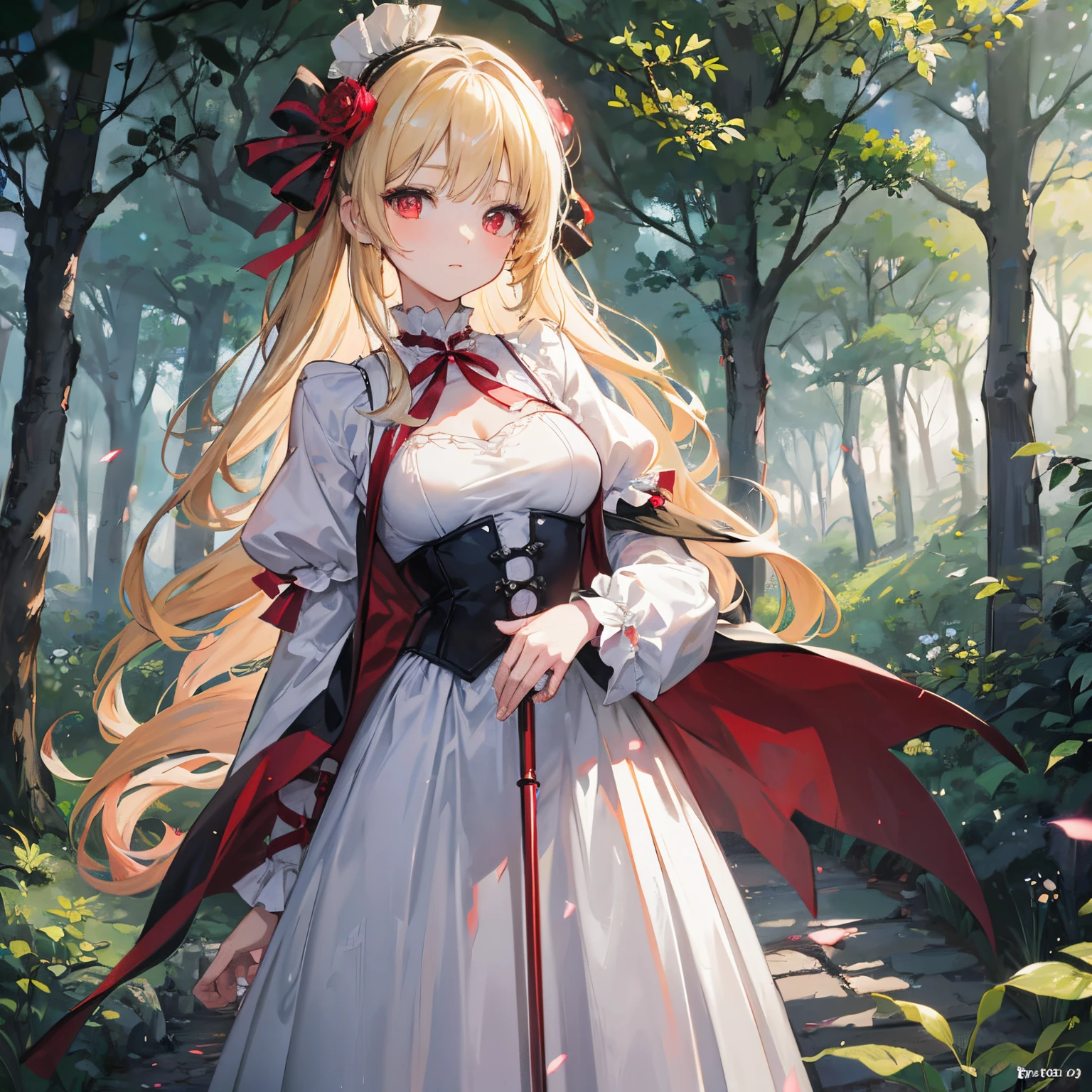 A girl carrying an umbrella stands on a bridge, wearing a Victorian-style white dress with long blonde hair and red eyes in an anime-style. The background is medieval, set in a forest., makoto shinkai, girl, , anime background, fantasy art, (nsfw:1.2), dynamic_pose, light_particles, 1girl, Red eyes, eye reflection, 1girl, medieval city background, victorian_Dress, anime, Gothic art, high detail, Ghibli-like colours, anime, anime, HD, 4K, UHD, masterpiece, ccurate, high quality, anatomically correct