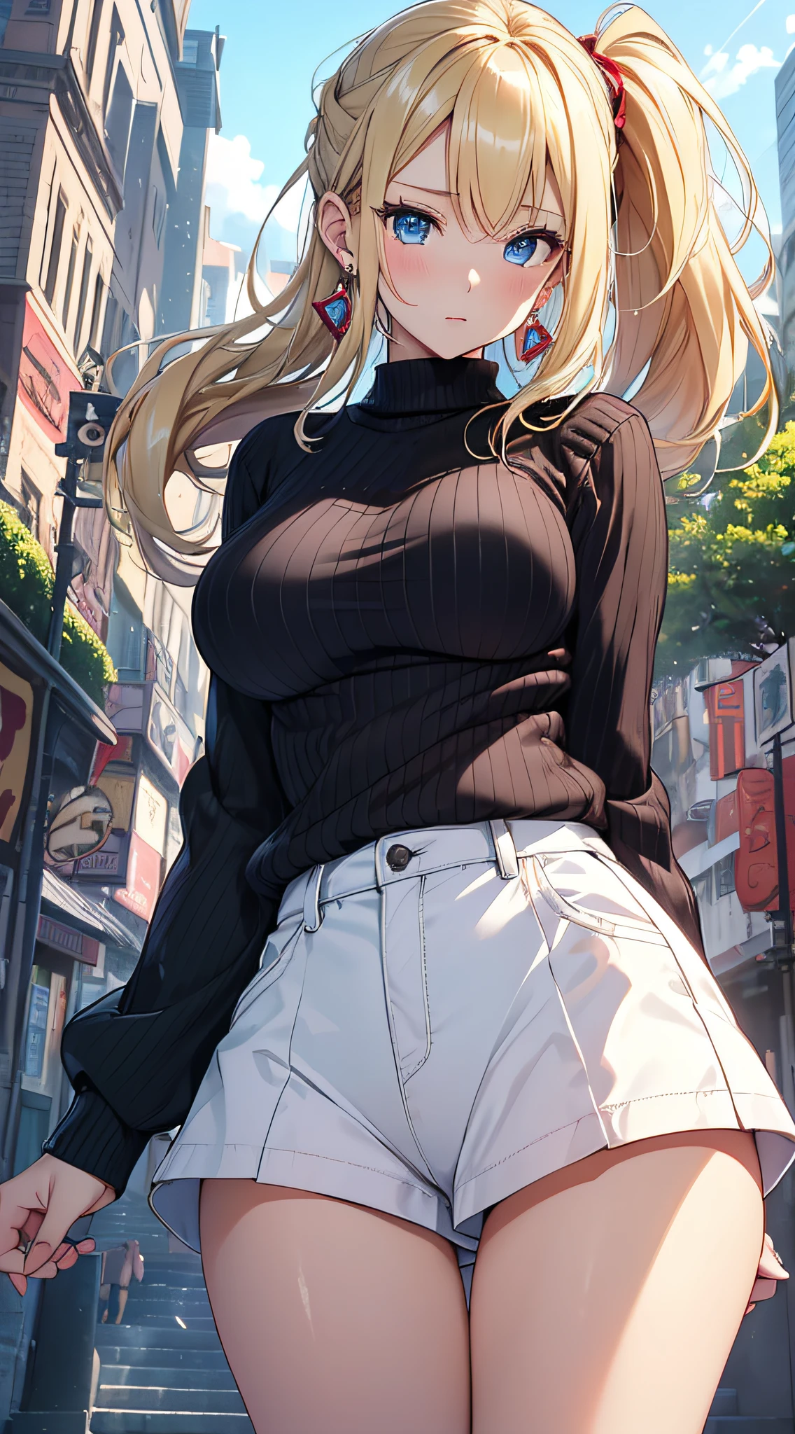 ((In the style of a hentai)), (Masterpiece, Best quality), (( intricate Face, bright eyes )), BREAK, brown eyes, blond hair, long hair, wavy hair, thick hair, hair over one eye, BREAK, red shirt, blue skirt, big breasts, evil grin, BREAK, cityscape background