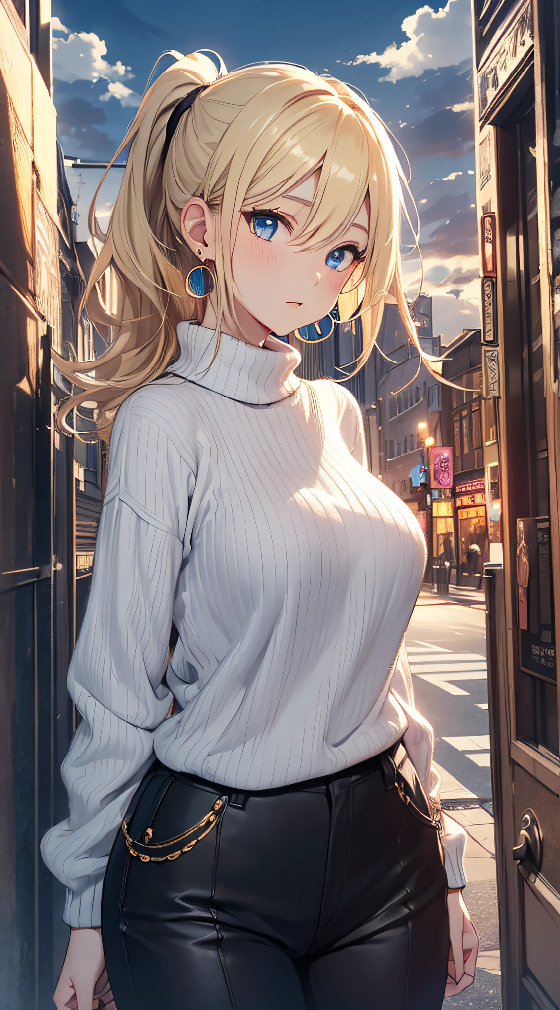 top-quality、Top image quality、​masterpiece、girl with((18year old、Best Bust、big bast,Beautiful blue eyes、Breasts wide open, Blonde ponytail、A slender,Large valleys、Black sweater、White pants、Ruby Earrings、Fluttering in the wind)）hiquality、Beautiful Art、Background with((Evening city、strong breeze)))、,masutepiece、visualart、depth of fields、