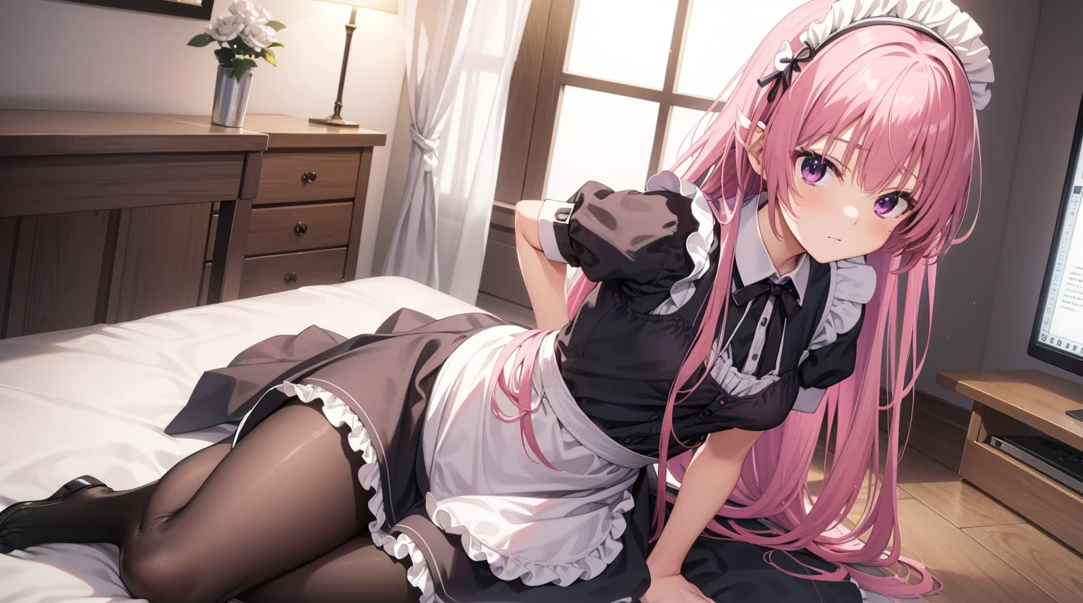 mitsukasa ayas,tmasterpiece, Best quality at best, A high resolution, 1个Giant Breast Girl,the maid outfit, Smaller breasts, A sexy pose,Black maid outfit, short skirt, lacepantyhose,gentleness,looking at the screen