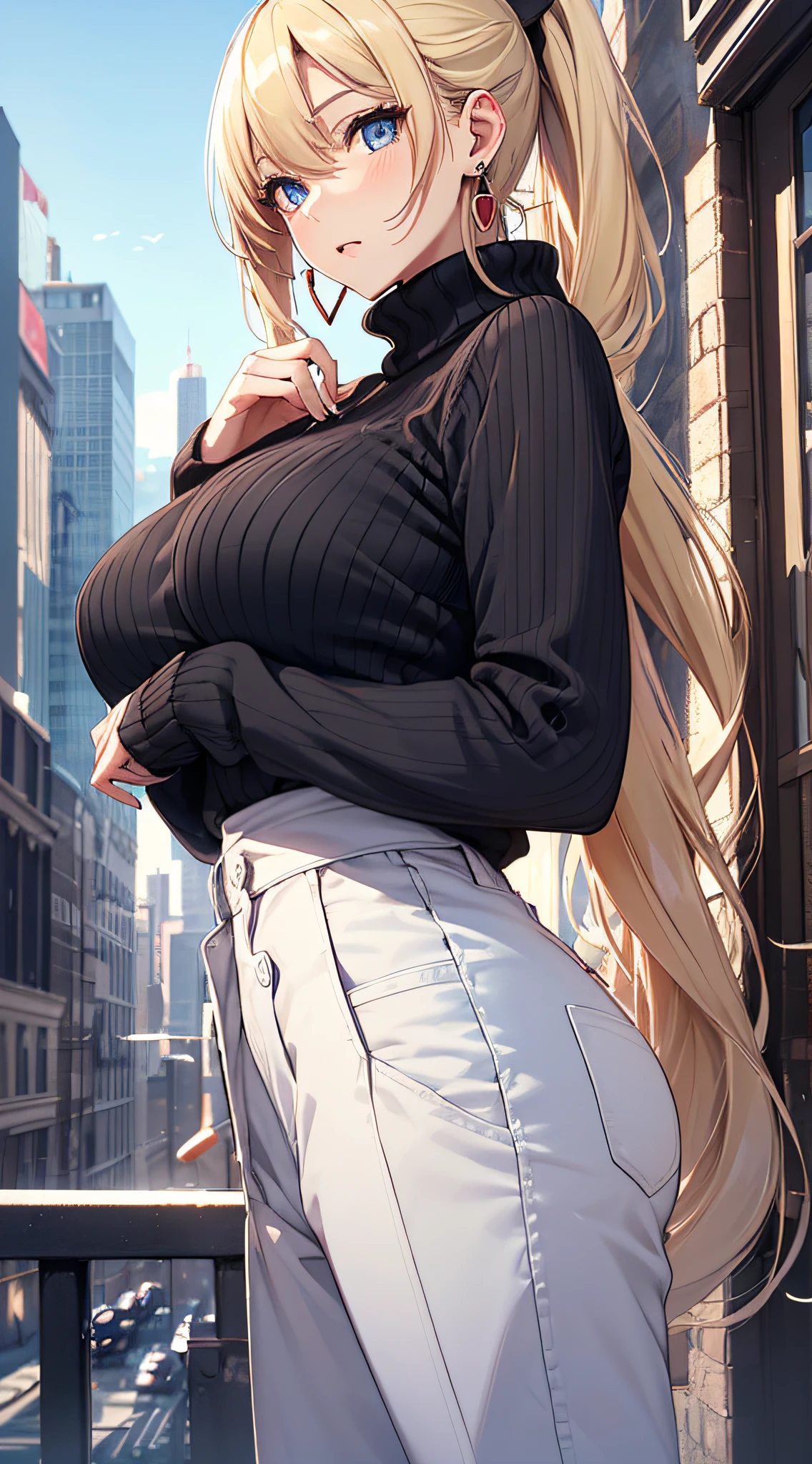 top-quality、Top image quality、masterpiece、girl with((18year old、Best Bust、big bast,Beautiful blue eyes、Breasts wide open, Blonde ponytail、A slender,Large valleys、Black sweater、White pants、Ruby Earrings、Fluttering in the wind))hiquality、Beautiful Art、Background with((Evening city、strong breeze)))、,masutepiece、visualart、depth of fields、