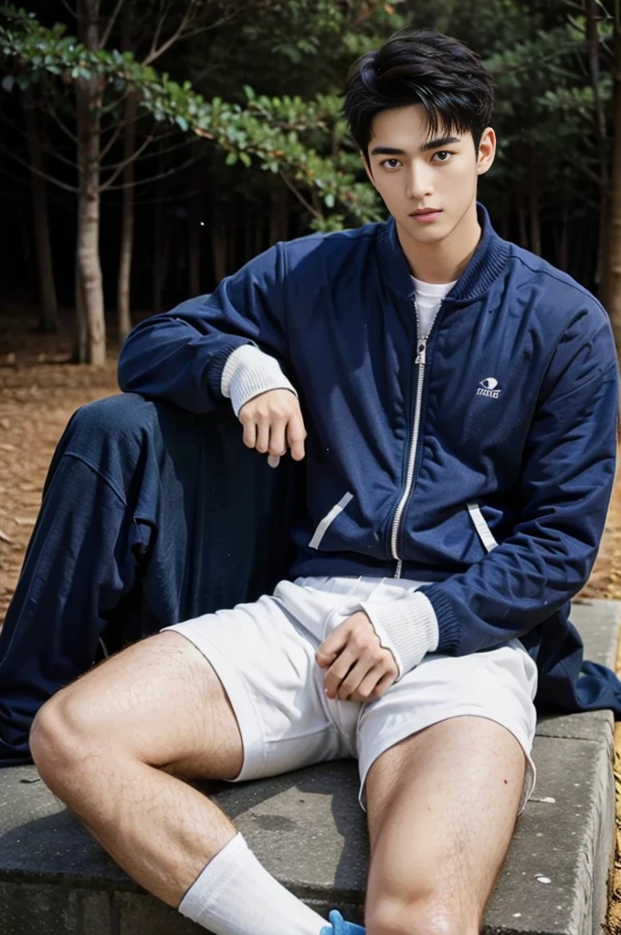 1 male high school student，16-************，Comely，Handsome，Park trees，Play badminton，musculous，hairy bodies，athletic sneakers，White  socks，Blue tracksuit（Detailed eyes：1.3），Black eyes，full bodyesbian，