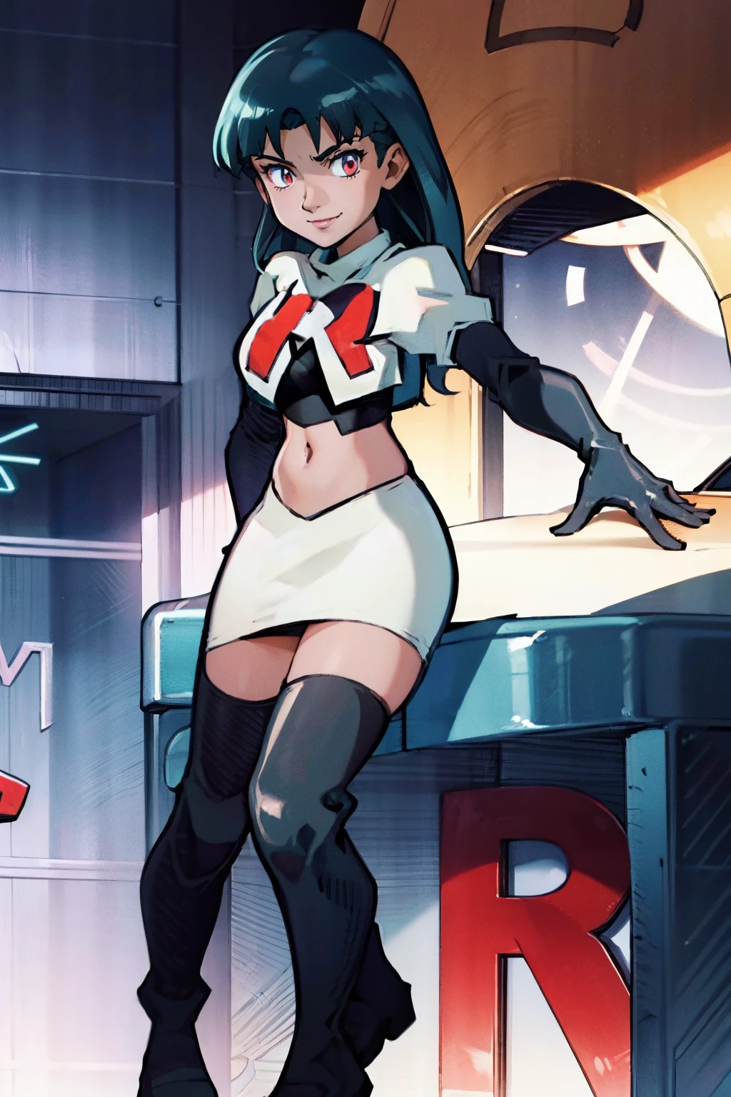 SabrinaPKMN, team rocket, team rocket uniform, red letter R, white skirt, white crop top, black thigh-highs, black elbow gloves, evil smile