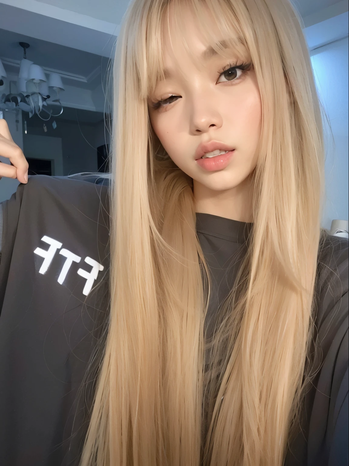 Um close up de uma mulher com longos cabelos loiros vestindo uma camiseta, Lalisa Manobal, Lalisa Manoban do Blackpink, com cabelos longos, Parque Roseanne do Blackpink, com longos cabelos loiros, Ulzzang, cabelo comprido com franja completa, menina coreana, com cabelos loiros muito longos, O corte Hime, Asian girl with long hair