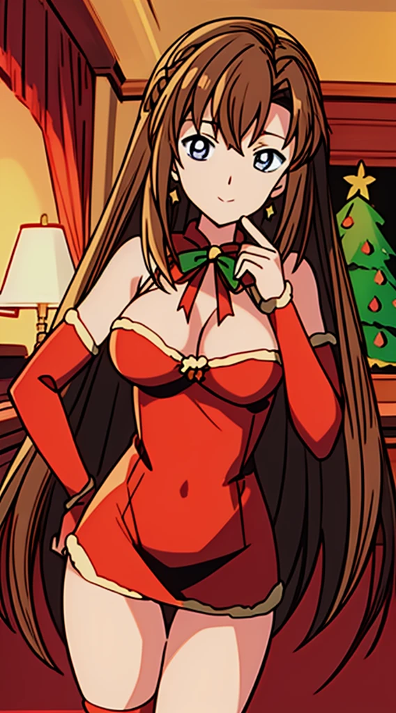 masterpiece, best quality, 1 solo girl, red brown hair, blue eyes, long hair, wavy hair, Christmas ornaments, medium breasts, mature body and face, red santa dress, christmas, christmas light, christmas tree, red gloves, red santa skirt, holding gift, red bra, red panty, leg up, cowboy shots, sexy pose, dakimakura, ultra-detailed body, face, and eyes, sharp focus, vibrant, creative, dynamic, high definition, high resolution, 8k, (Upscale: R-ESRGAN 4x+ Anime6B), (Image enchance:4x), voluptuous body
