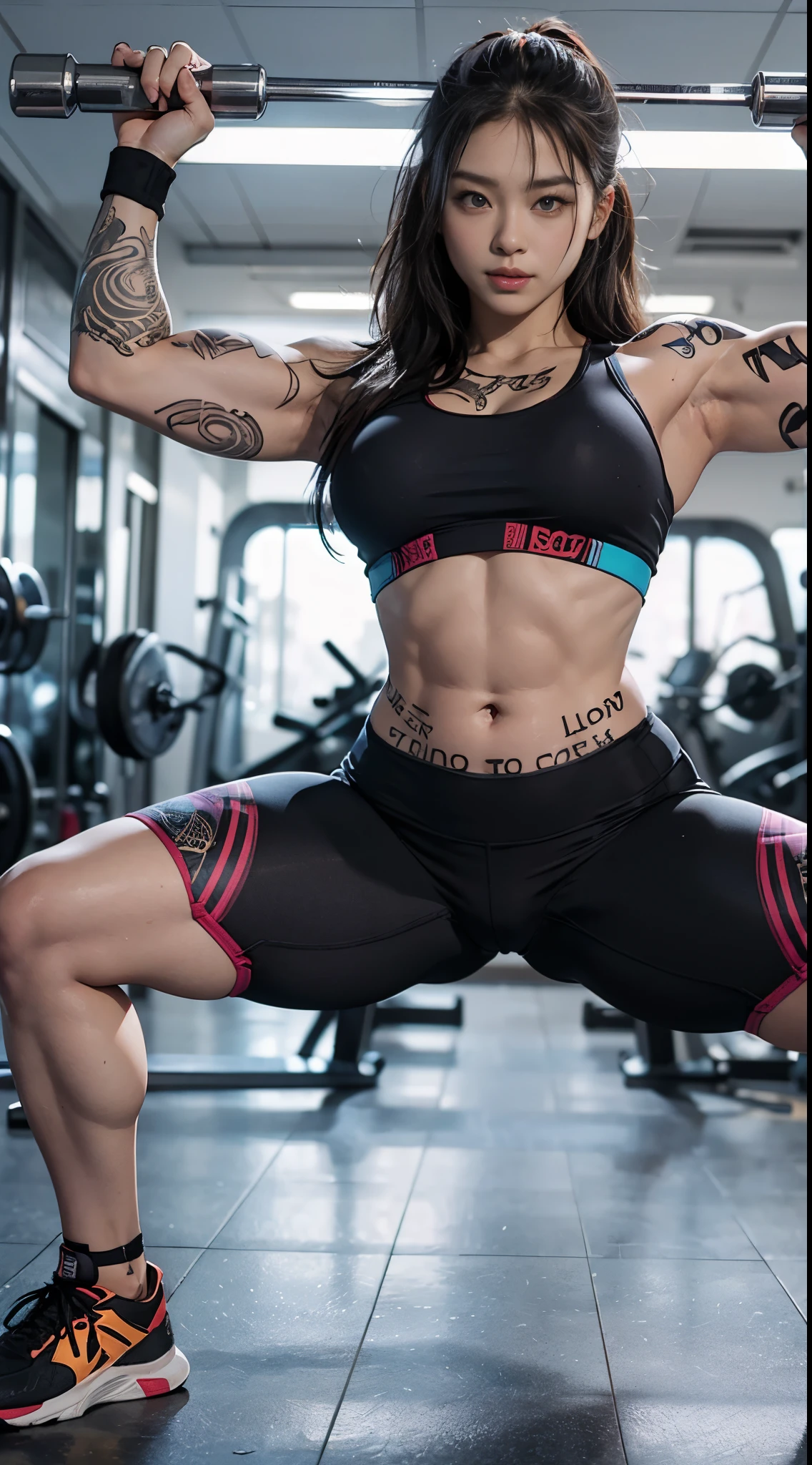(top-quality)Posing like a bodybuilder at the gym、detailed sportswear girl、Spread your legs、Wearing a sports bra with intricate leggings、Emphasizes slight abdominal muscles、Chest tattoos add a cinematic touch to the scene in black tattoos、Movie lighting completes the overall atmosphere。