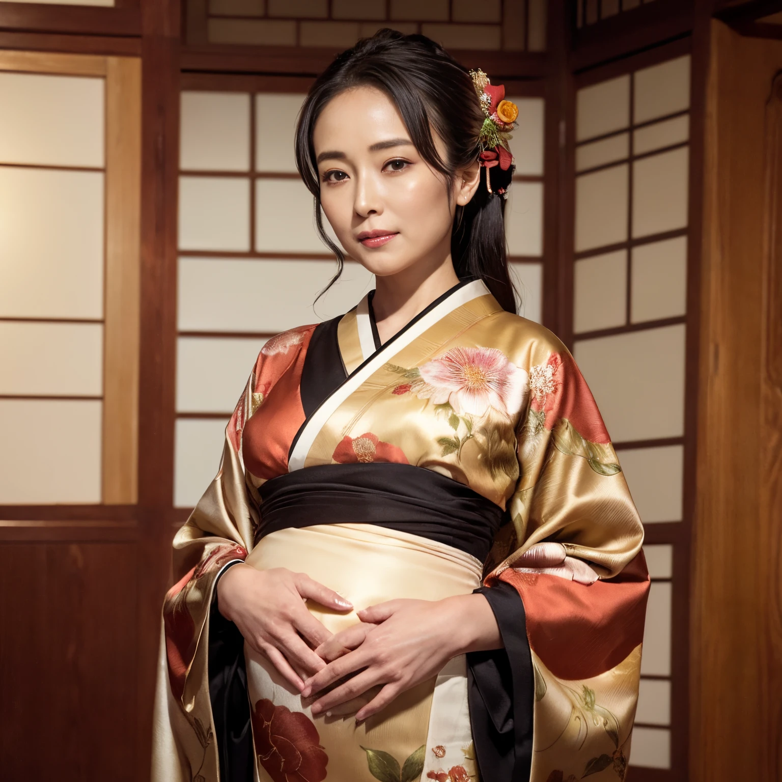 ((Best Quality, masutepiece, 超A high resolution、The most complex and detailed depictions、Highly saturated、vivid))、1人の女性、wearing a luxurious kimono、Japanese-style elegant kimono、Elegant standing figure、standing elegantly、Elegant kimono、Photographing from the waist up、((Staring at me、Perfect camera gaze))、(Sad smile、mournful)、A detailed face、perfect glossy lips、perfect anatomia、Elegantly styled hair、She is wearing an elegant hairpin.、natural make up、A detailed face、face perfect、Beautiful fair skin、perfect shiny skin and hair、The background is an elegant Japanese room、Lush hairline、Pregnancy