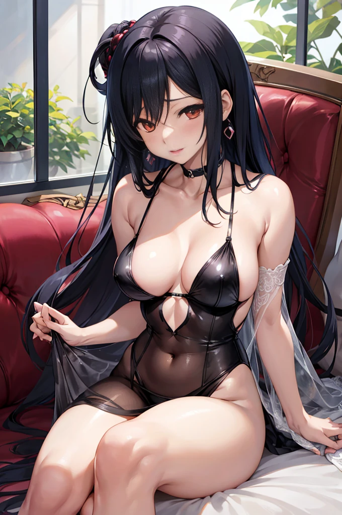 Anime-style image of a woman sitting on a sofa wearing a see-through nightgown, [ 4 k digital art ]!!, Chic, small curvy , Seductive Anime Girl, oppai, Smooth Anime CG Art, oppai proportions, 8k high quality detailed art, pixiv 3dcg, SFW Nana huge breasts, Chest covered、SFW, Colossal tits, , curvy body, Tifa Lockhart, Naughty anime style, Erotic cartoon style body,Eros of a married woman, Married woman style, Married woman atmosphere