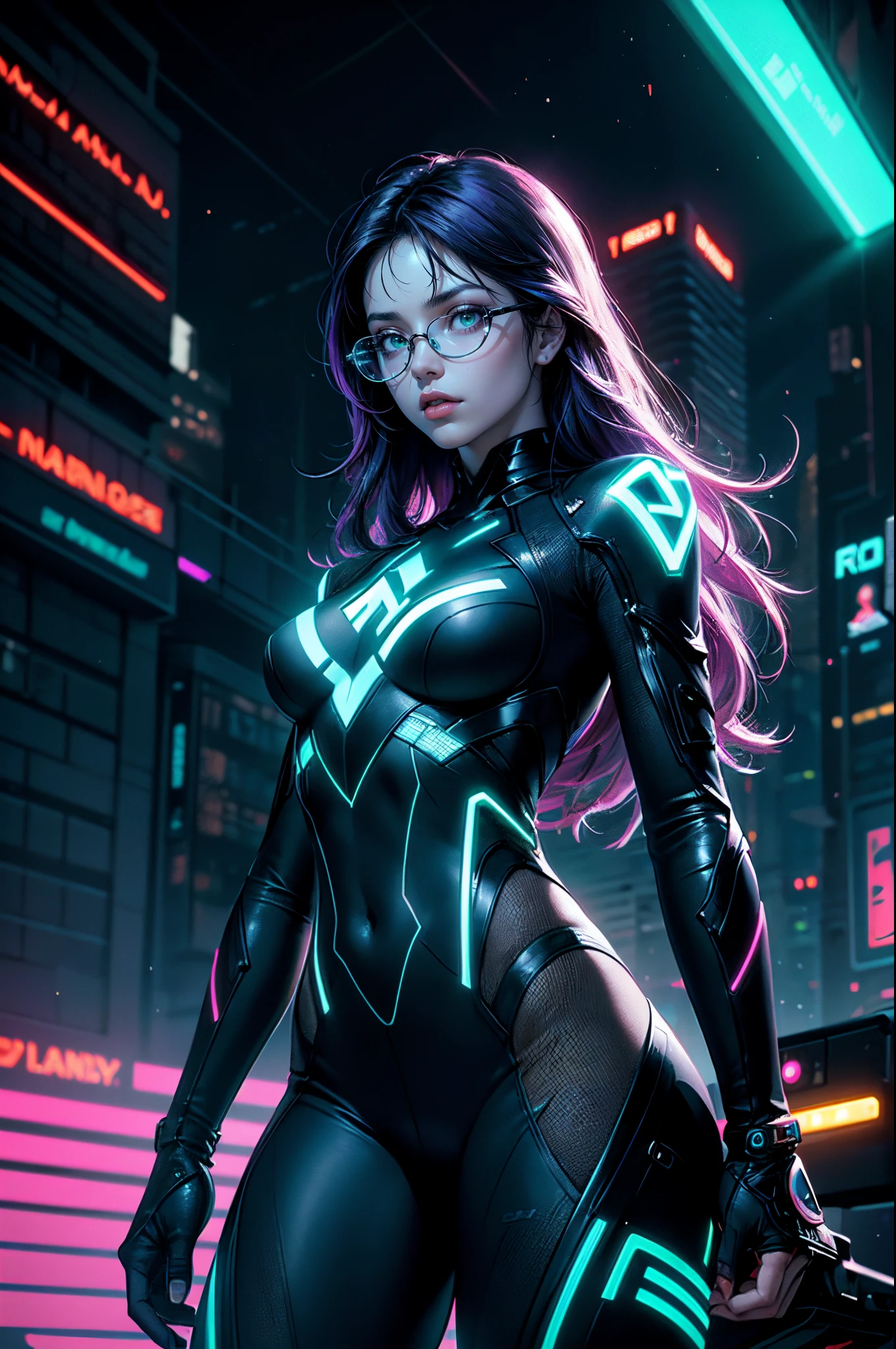 ((masterpiece)), ((best quality)), 1girl, solo, looking at viewer, depth of field, purple hair, green eyes, long hair, 32k resolution, pastel:1.2, slim waist, perfect body, 😘, beautiful face, dynamic:1.2, realistic light, neon light:1.2, Nvidia Ray tracing, (((cinematic))), dynamic pose, ((tron inspired)), intricate, cyberpunk, ((sexy intricate clothes from tron)), (sci-fi glasses), (cinematic shot), (ambient occlusion), particles, volumetric light, glowing, illumination, sci-fi, high contrast, (hacking scene), shot from film