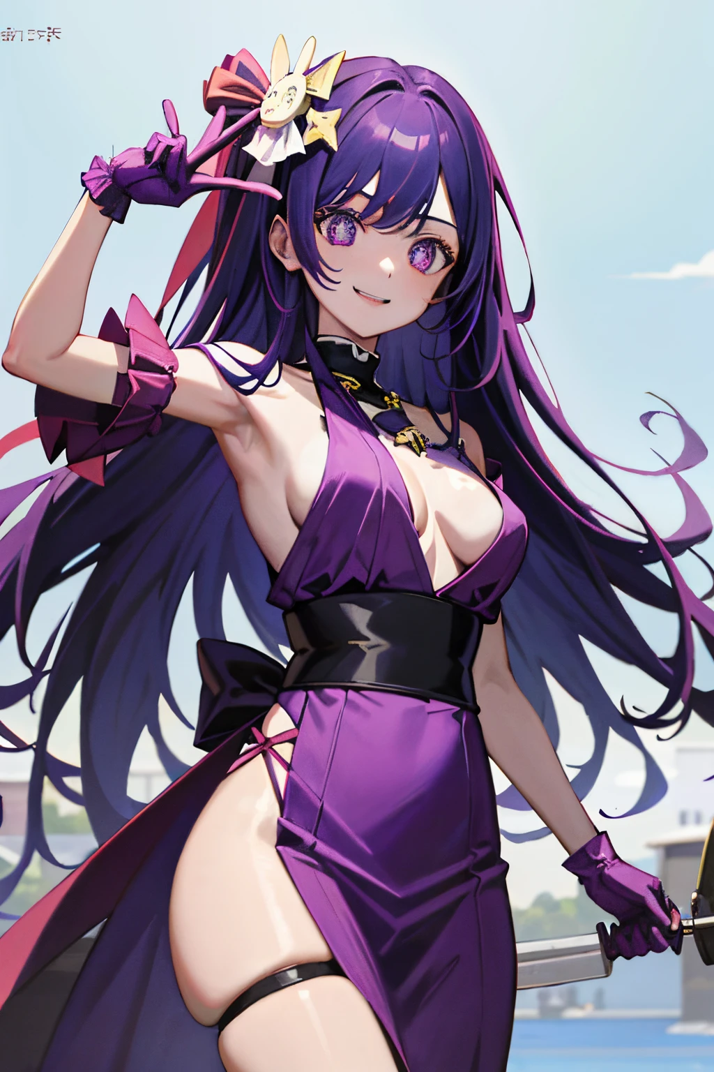 ​masterpiece、ighly detailed、(1 girl in:1.2)、purple color  hair、virgin killer strapless  open shoulder strapless Kimono、big eye、、Naughty smile、8K 、Ai Hoshino、Star、very sexy