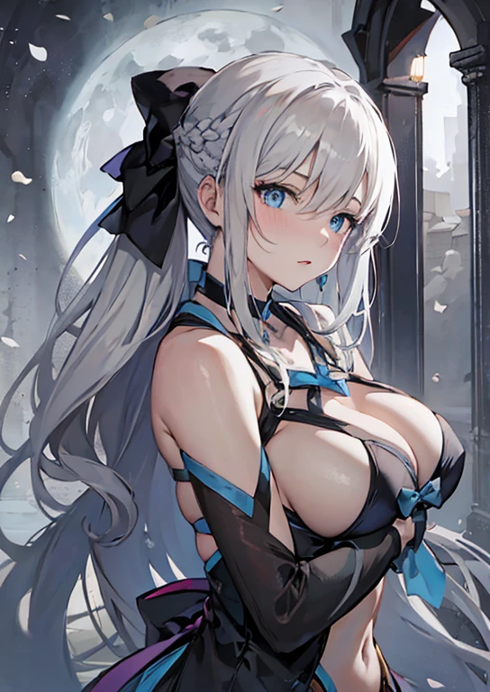 Masterpiece, Best Quality,a 1girl, Breast, morgan le fay (fate), blue eyes, Long Hair, pony tail, bow, braid, weapons, cleavage, Very long hair, big boob, black bow, looking at viewer, gown, Hair Bow, thights, thights, black dress, Bangs, side locks, French braid, pelvic curtain, grey hair, a moon,