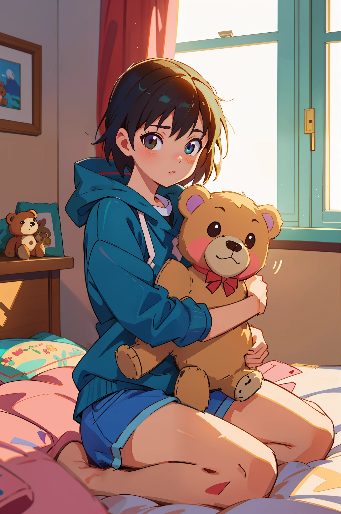 anime girl sitting on the bed holding a teddy bear in her arms, Artgerm e Atey Ghailan, Makoto Shinkai e Artgerm, holding a teddy bear, Ilya Kuvshinov. 4 mil, feito com anime painter studio, menina anime bonito, anime moe artstyle, Atey Ghailan 8 K, em estilo anime, em estilo anime