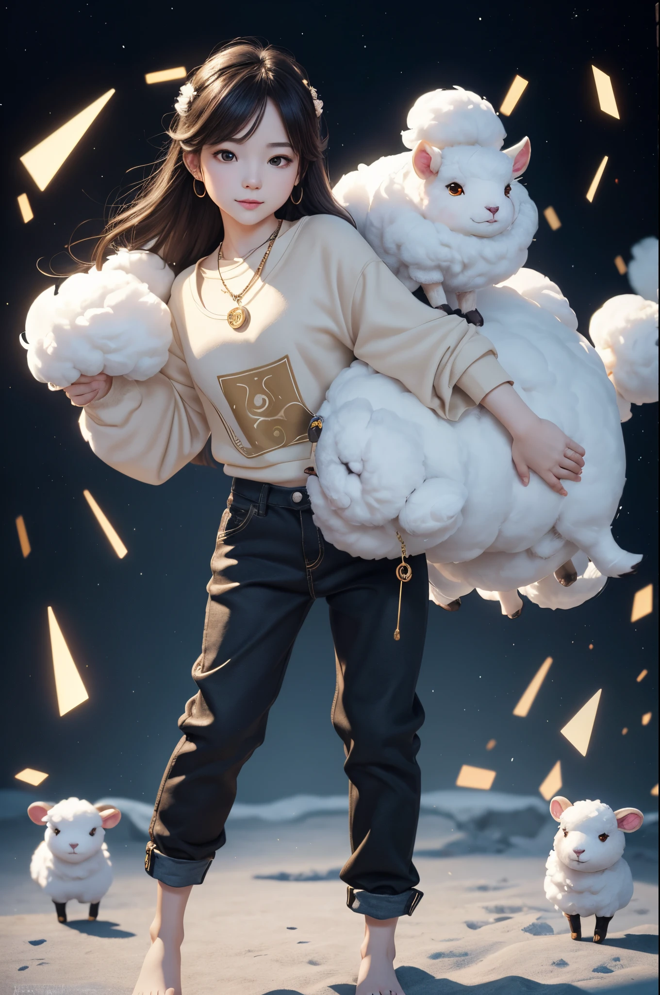 8K,Male,Cute little surreal sheep with golden eyes wary necklace、Chibi、male infant,Adorable and fluffy、Logo Design、comic strip、cinematic lighting effect、A charming、3D Vector Art、cute and wear pants、Fantasyart、bokeh dof、handdraw、digitial painting、Soft lighting、Isometric style、4K resolution、photo realistic render、Highly detailed clean、Vector image、A photorealistic masterpiece、professional photograpy、Simple space background、Flat white background、 isometry、vivid vector,Stand on both feet,
