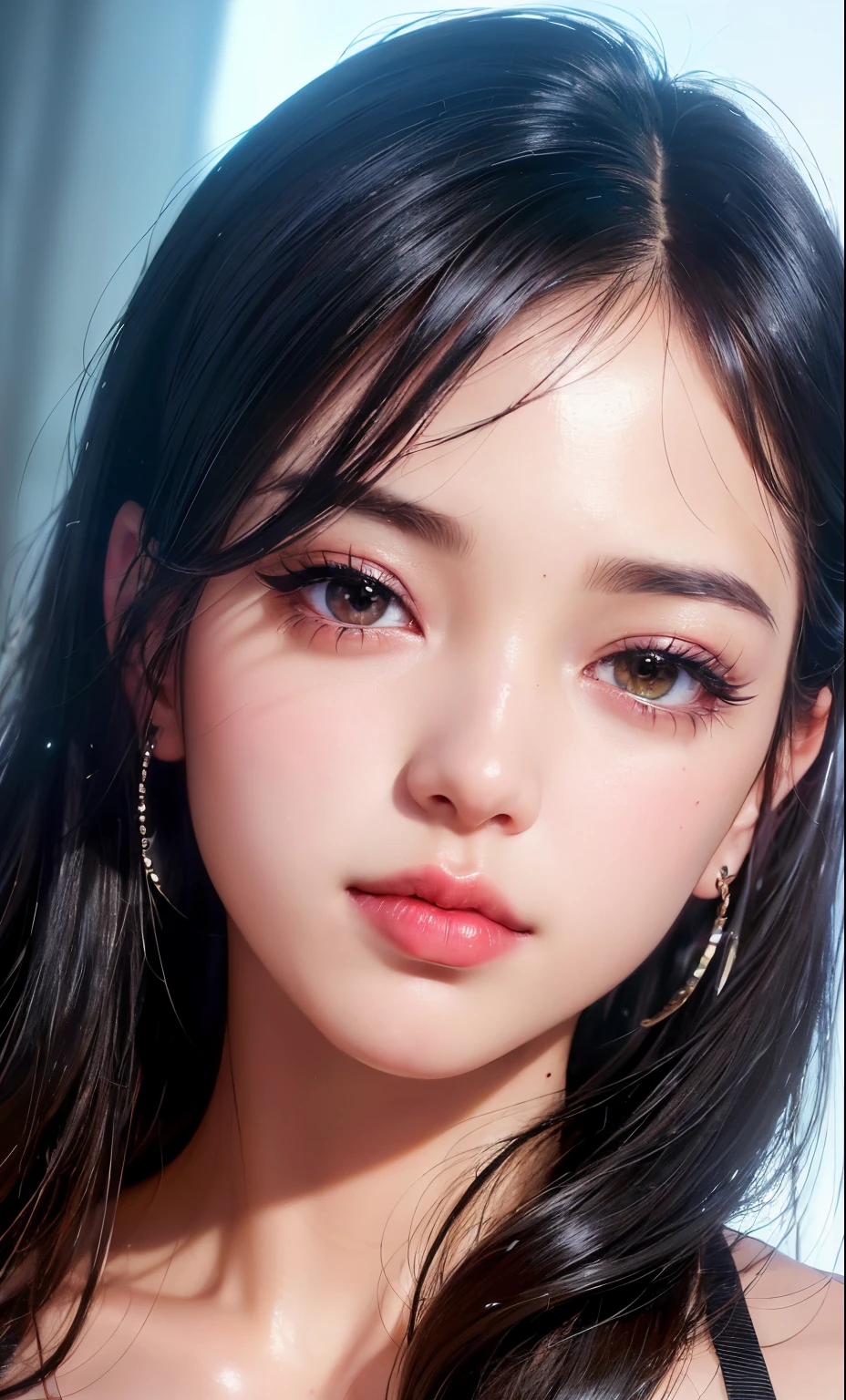 (8k, RAW photo, photorealistic: 1.25), (lip gloss, eyelashes, shiny face, shiny skin, best quality, ultra-high resolution, depth of field, chromatic aberration, caustics, wide range of lighting, Natural shading, Kpop idol) looking at the viewer with a calm and goddess-like happiness,