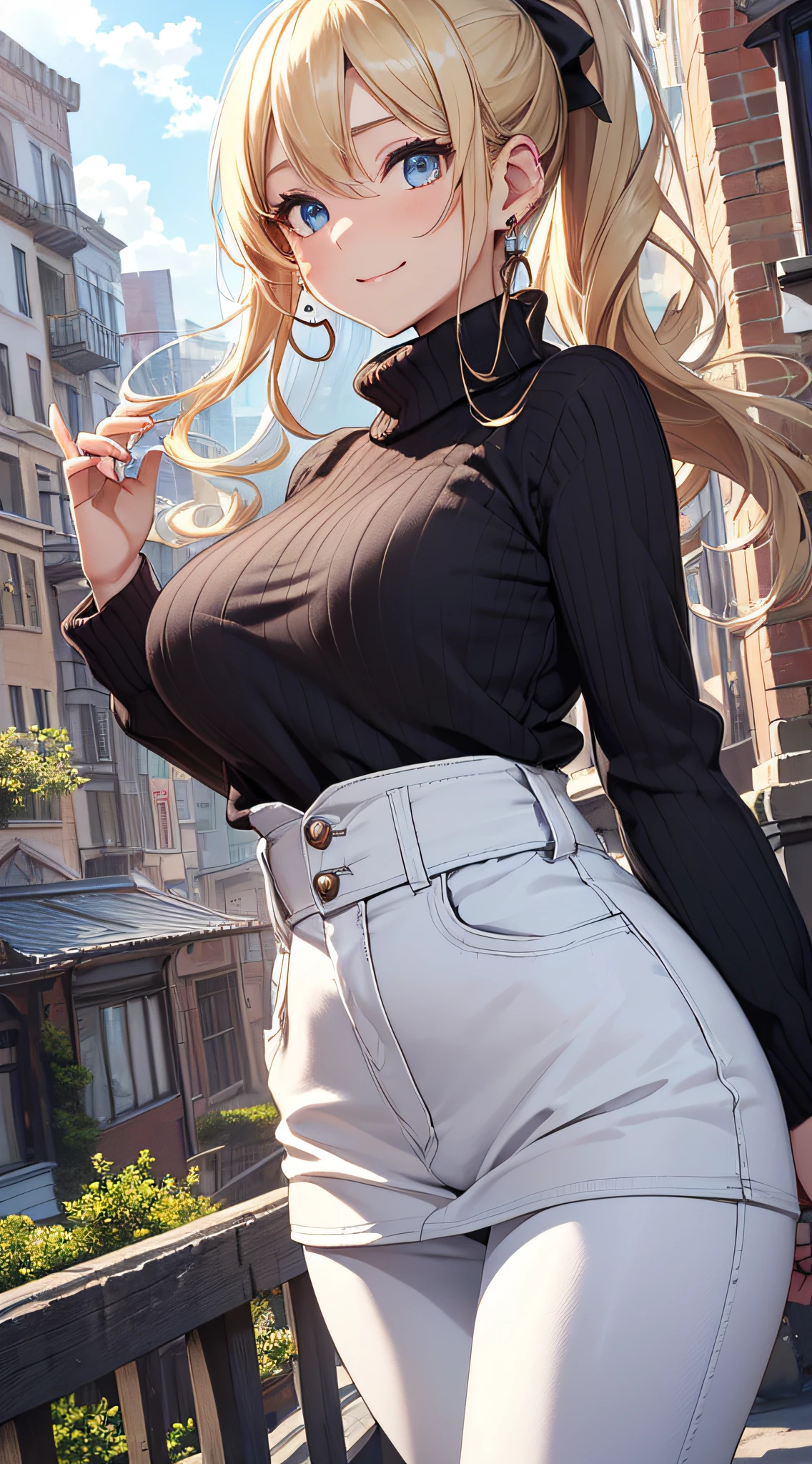 top-quality、Top image quality、​masterpiece、girl with((18year old、Best Bust、big bast,Beautiful blue eyes、Breasts wide open, Blonde ponytail、A slender,Large valleys、Black sweater、White pants、Ruby Earrings、Fluttering in the wind、A slight smil、jumpping)）hiquality、Beautiful Art、Background with((beautiful morning town、strong breeze)))、,masutepiece、visualart、depth of fields、