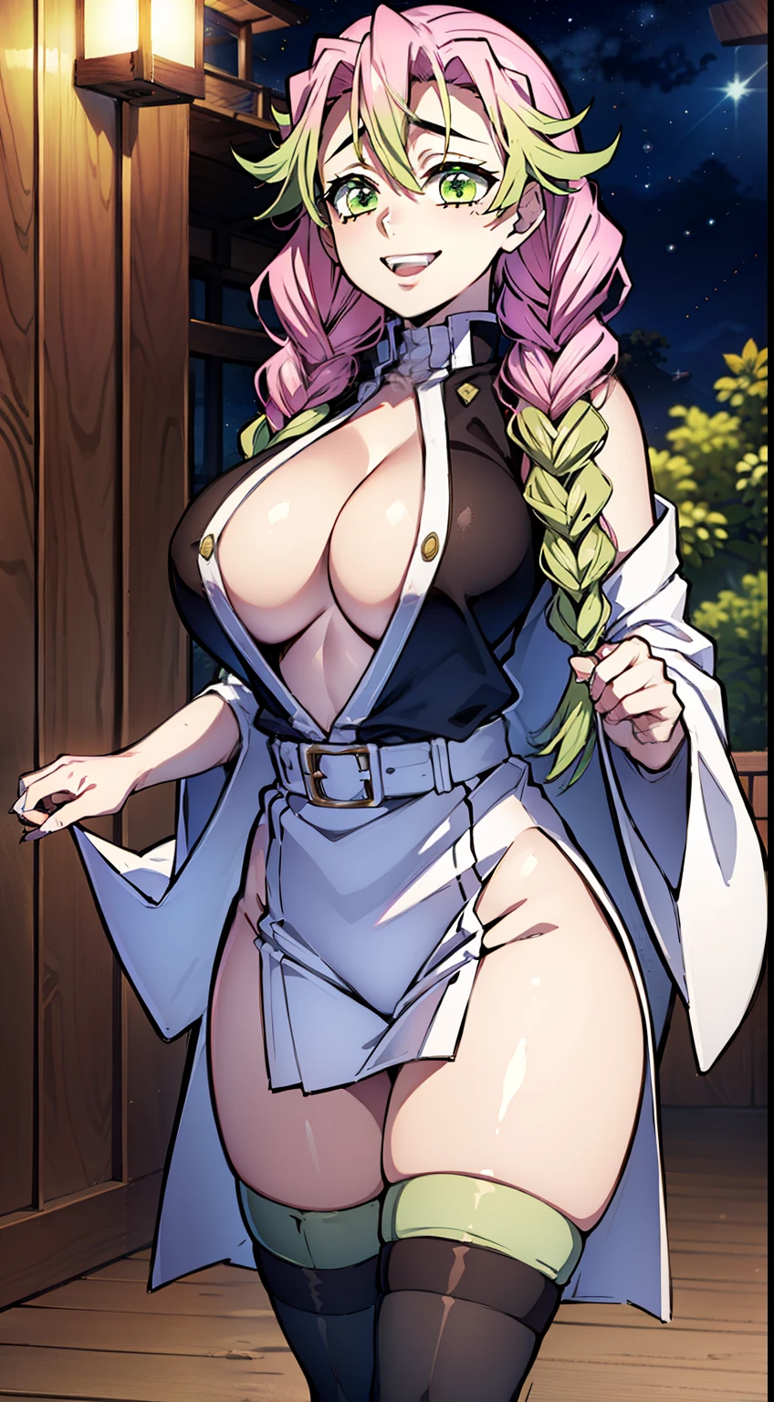 long pink hair, pink hair turns green towards the ends, A dazzling smile, Mitsuri Kanroji from Demon Slayer, big breastes, White Haori, White Japanese cloak, Upskirt, green stockings, black undershirt, The top buttons of the shirt are unbuttoned, beautiful green eyes, in the woods, beste-Qualit, supreme, 1девочкаl, In the bamboo forest,Sunny day, runs to the rescue, Looking at the starry sky, Close your mouth, Night with countless stars, The ideal body of the Milky Way, The Perfect Girl, perfect details, Ultra HD |, 8K, Professional photo, Demon Slayer in anime style,