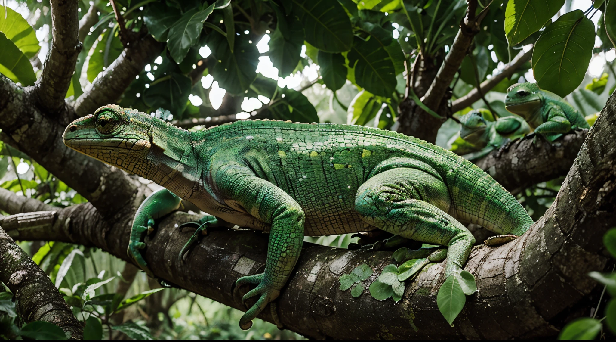 Green smiling chameleons are climbing on a ranch in a tree with green leafs, cyber punk, rain forest, very green,