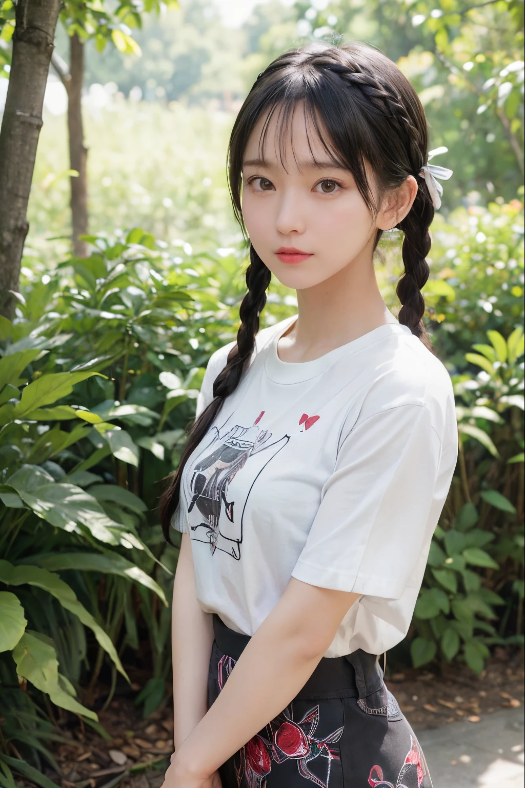 1 girl,(1 18-year-old girl),(Upper body:1.2),(medium breasts),Upper body,(Realistic:1.7),((Best Quality)),absurderes,(超A high resolution),(Photorealistic:1.6),Photorealistic,Octane Render,(hyper realisitic:1.2), (Photorealistic face:1.2), (8K), (4K), (masutepiece),(Realistic skin texture), (Illustration, Cinematic lighting,Wallpaper),( Beautiful eyes:1.2),((((Perfect face)))),(Standing),(Looking at Viewer:1.2),(Cute),(Black hair),(braided ponytails:1.1),(bow hairband),(print t-shirt:1.2),(Red lips:1.1),Outdoors,