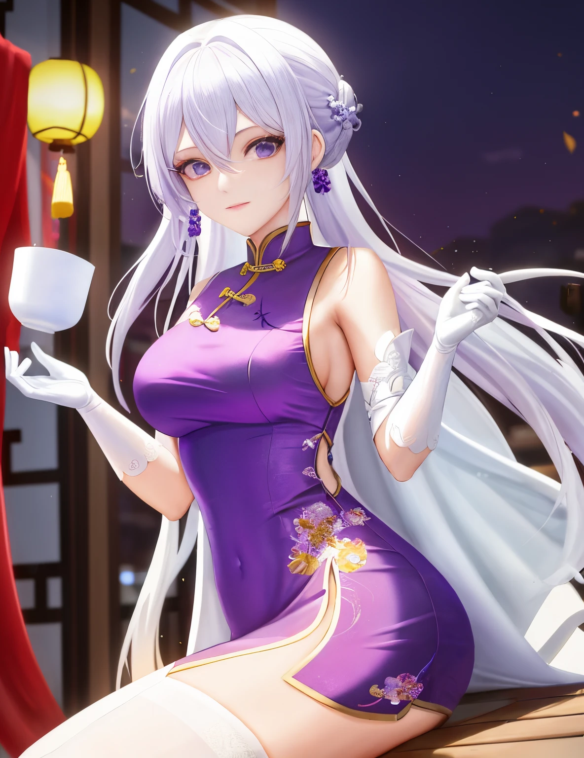 Two-dimensional painting style,24-year-old woman,White hair,put on purple robe,Long white gloves are worn on the elbows(Must be above the elbow),Chinese style architecture