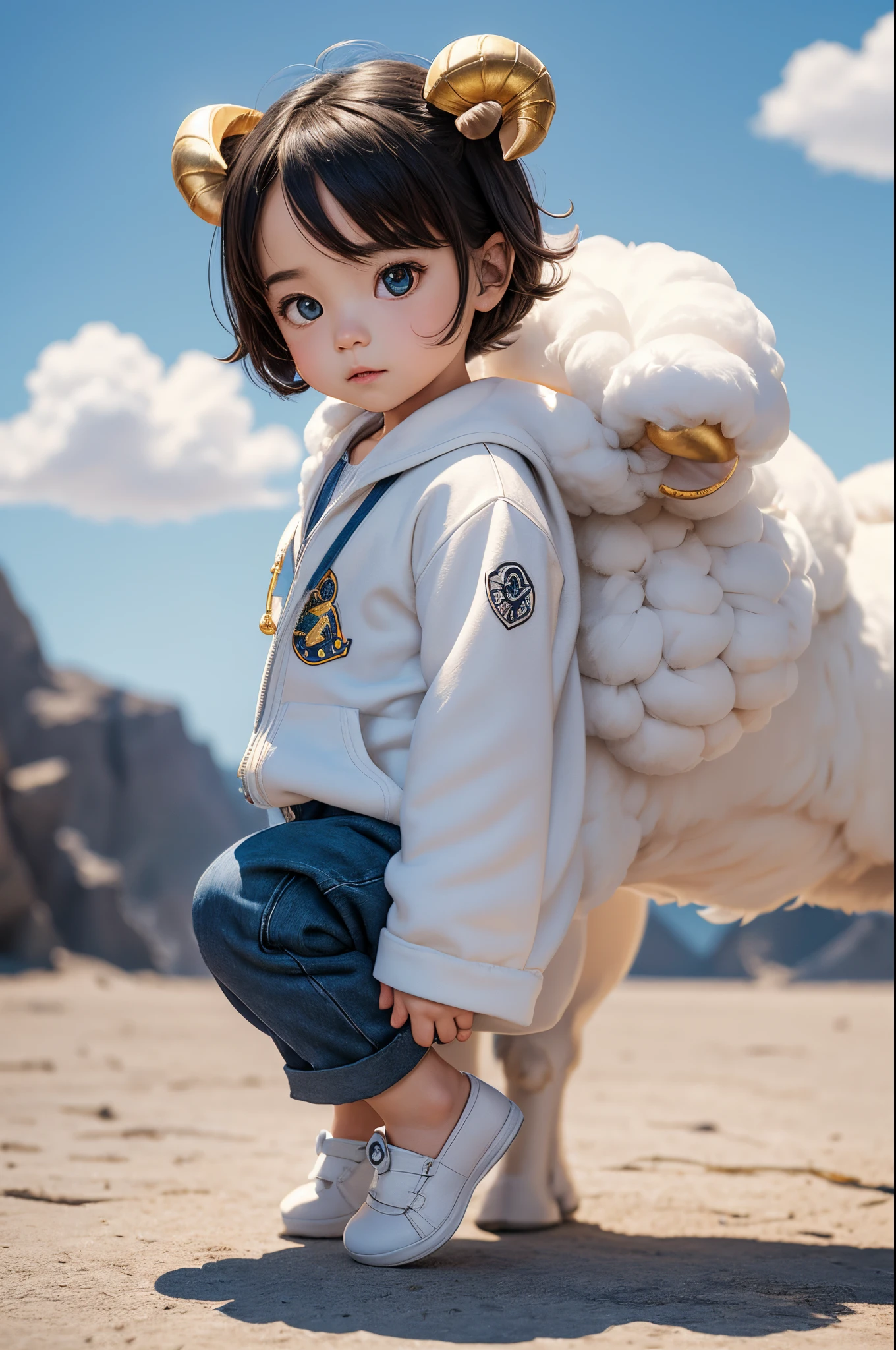 8K,Male,combat pose,Cute little surreal sheep with golden eyes、Chibi、male child,Adorable and fluffy、Logo Design、comic strip、cinematic lighting effect、A charming、3D Vector Art、cute and wear pants、Fantasyart、bokeh dof、handdraw、digitial painting、Soft lighting、Isometric style、4K resolution、photo realistic render、Highly detailed clean、Vector image、A photorealistic masterpiece、professional photograpy、Simple space background、Flat white background、 isometry、vivid vector,Stand on both feet,