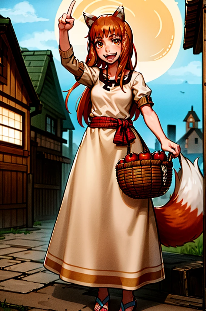 (holo:1.5), (holoBrownDress:1.5), masterpiece, best quality, absurdres, 1girl, looking at viewer, standing, cowboy shot, outdoors, medieval, cobblestone street, town, pouch, sash, smile, fruit, apple, basket,mediumbreast, curvy, silver hair, white hair, full body, flipflops,fangs, teeths,