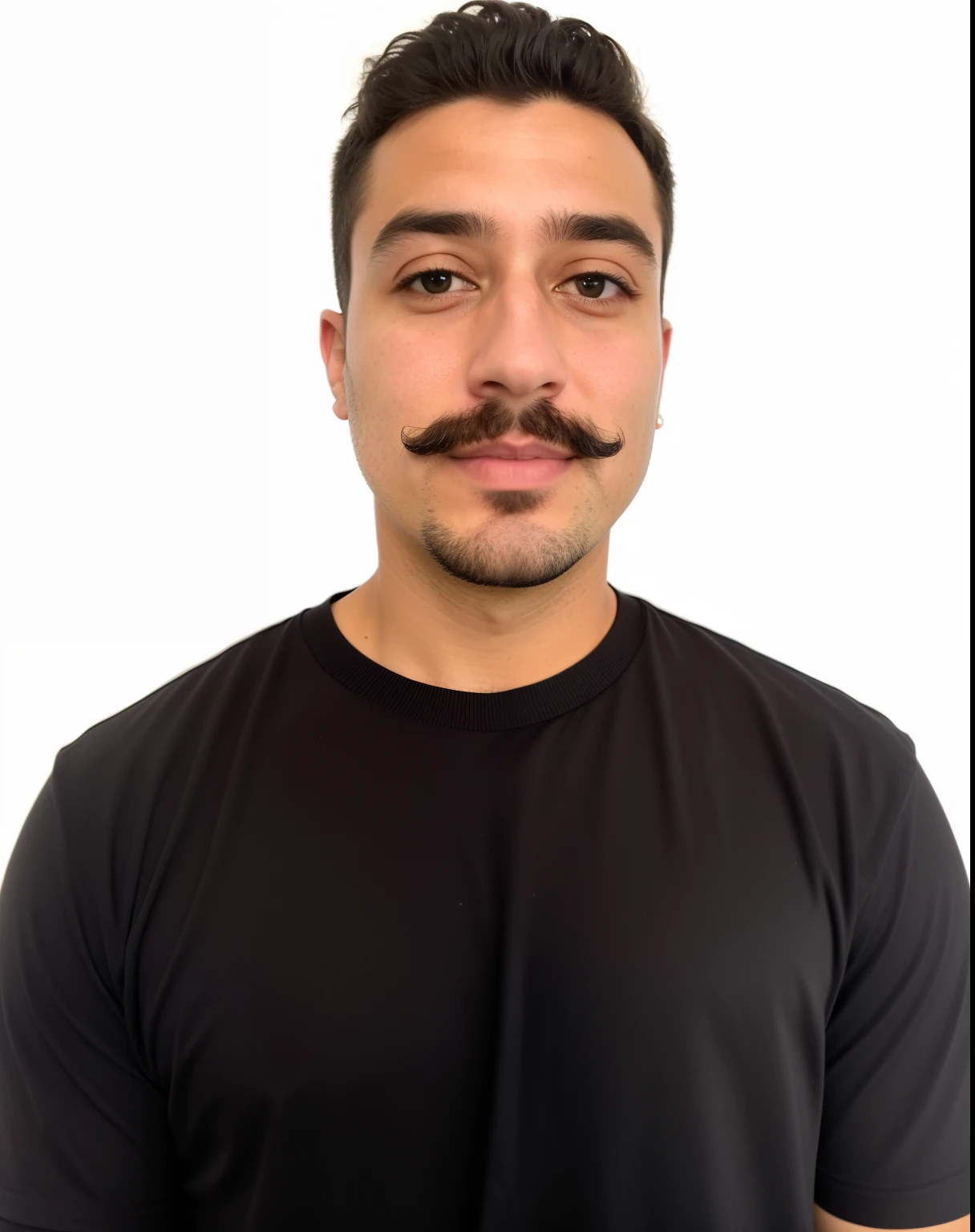 um close up de um homem com bigode e camisa preta, foto de perfil headshot, halfbody headshot, imagem frontal, foto de perfil profissional, na frente de um fundo preto, Pose frontal, plano de fundo removido, em torno de 1 9 anos, foto headshot, taken in the early 2020s, staring directly at camera, rosto detalhado real, body and headshot