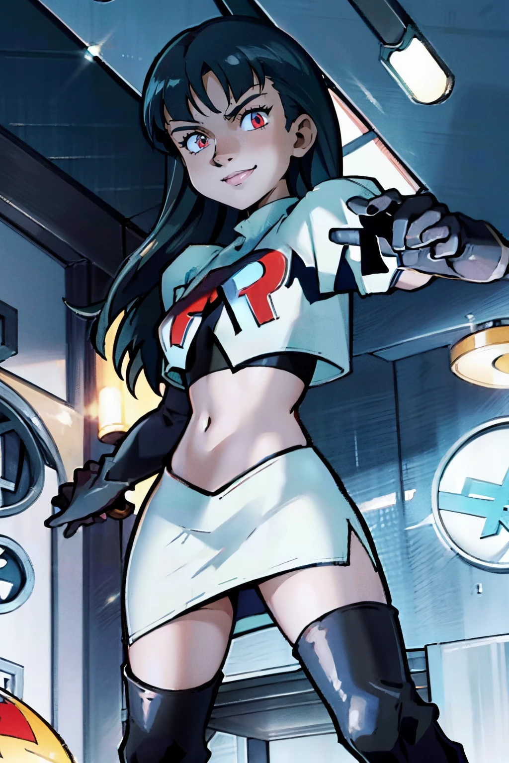 SabrinaPKMN, team rocket, team rocket uniform, red letter R, white skirt, white crop top, black thigh-highs, black elbow gloves, evil smile