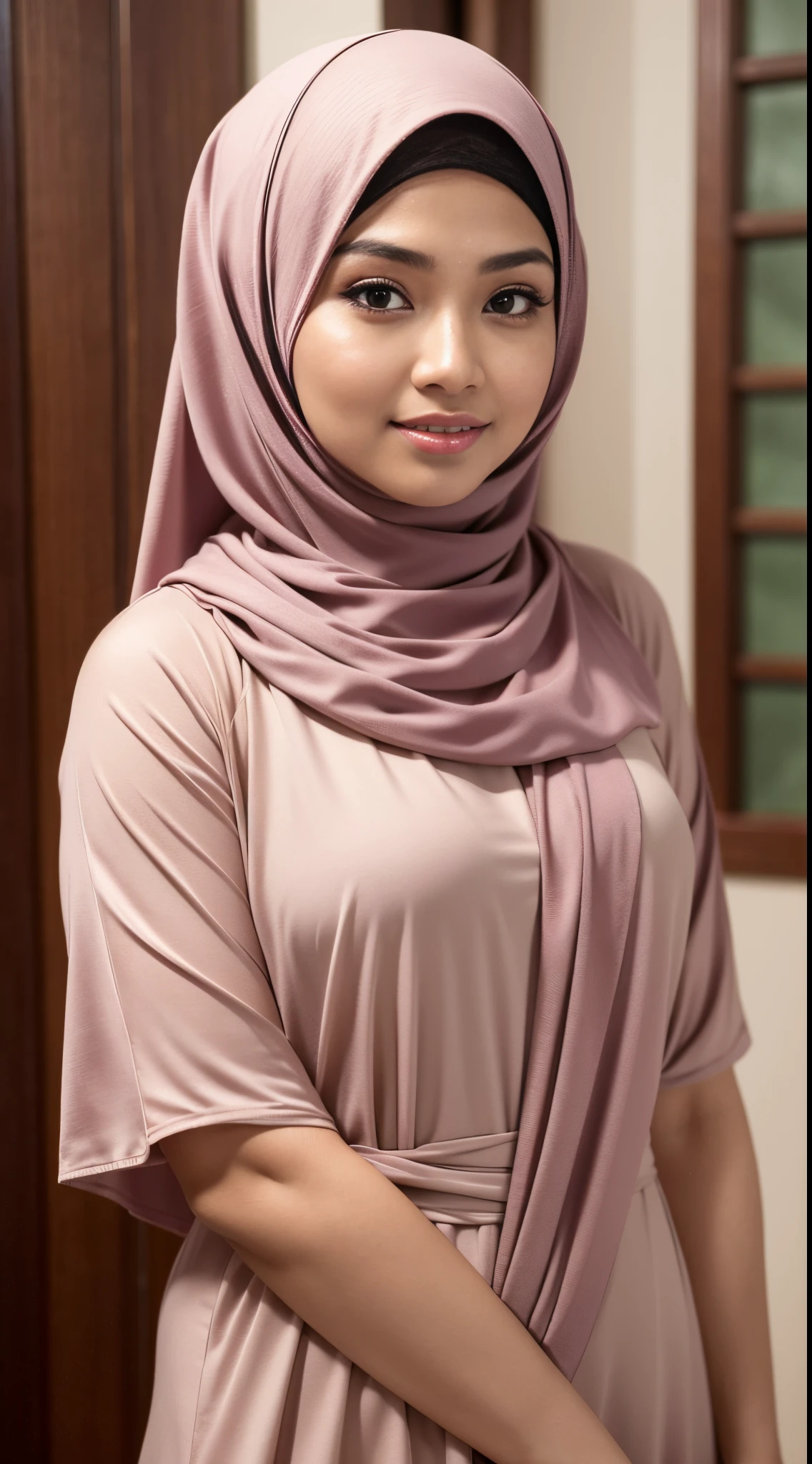 Malay girl in hijab wear baju kurung, pastel color, seating in university classroom, front view, detail skin, detail skin texture, mole below eyes, small breast, big hip, big waist, big thigh, slim abs, beautiful body, evening, laughing, happy, bright lighting, blur background, bokeh,