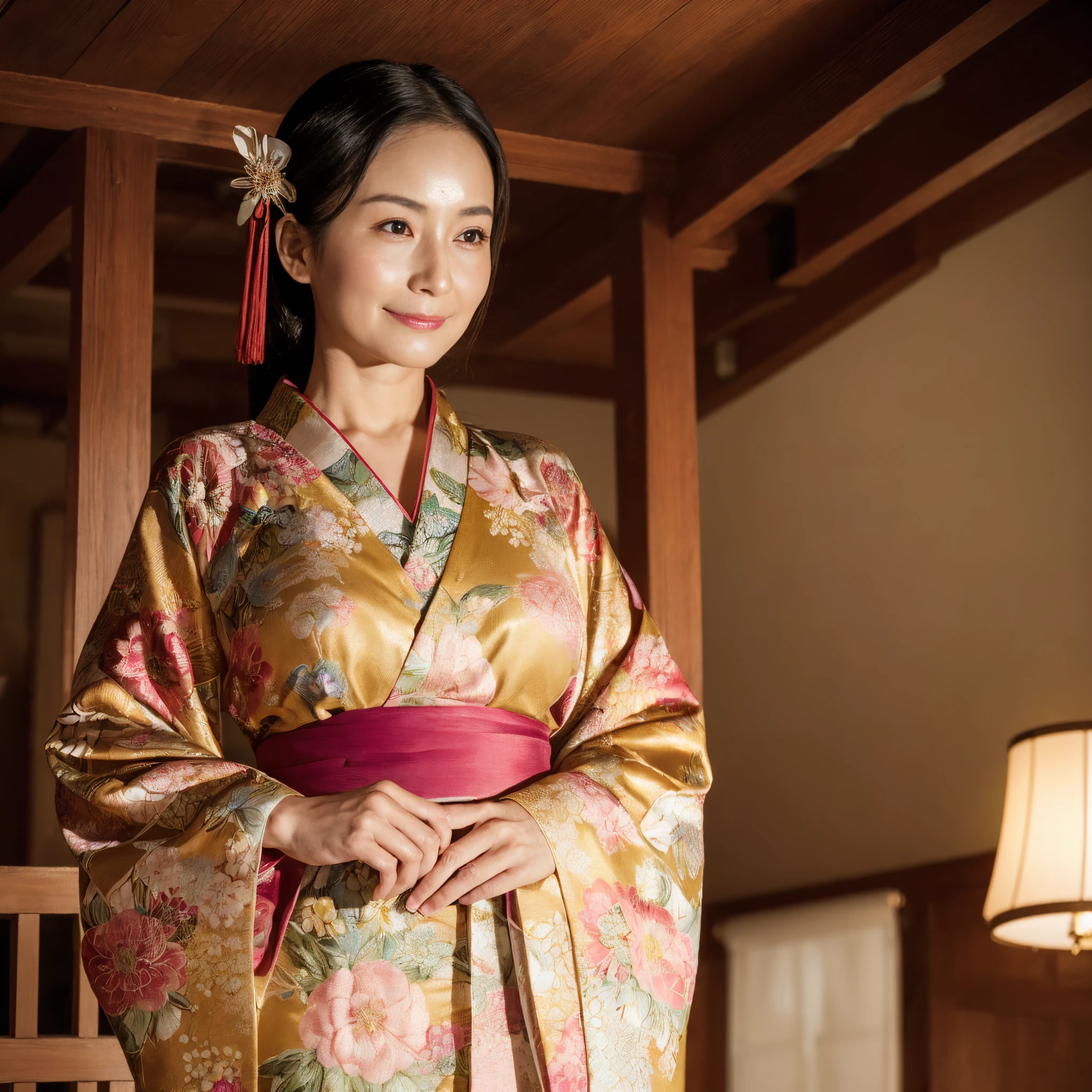 ((Best Quality, masutepiece, 超A high resolution、The most complex and detailed depictions、发光、Highly saturated、vivid))、1人の女性、wearing a luxurious kimono、Japanese-style elegant kimono、Elegant standing figure、standing elegantly、Elegant kimono、Photographing from the waist up、((Staring at me、Perfect camera gaze))、(Sad smile、mournful)、A detailed face、perfect glossy lips、perfect anatomia、Elegantly styled hair、She is wearing an elegant hairpin.、natural make up、A detailed face、face perfect、Beautiful fair skin、perfect shiny skin and hair、The background is an elegant Japanese room、Lush hairline、large full breasts、Fluffy kimono