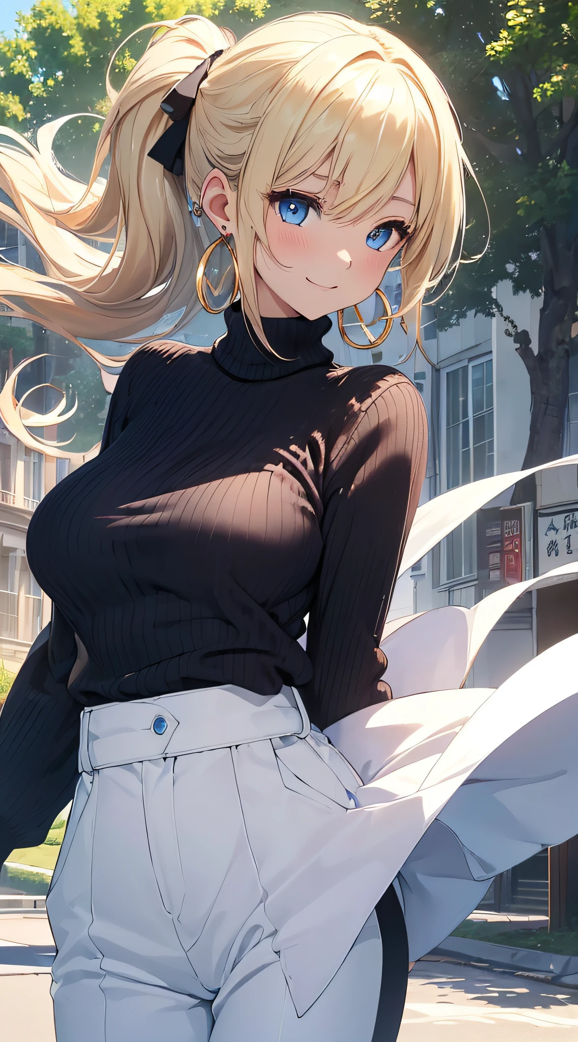 top-quality、Top image quality、masterpiece、girl with((18year old、Best Bust、big bast,Beautiful blue eyes、Breasts wide open, Blonde ponytail、A slender,Large valleys、Black sweater、White pants、Ruby Earrings、Fluttering in the wind、A slight smil、jumpping))hiquality、Beautiful Art、Background with((beautiful morning town、strong breeze)))、,masutepiece、visualart、depth of fields、